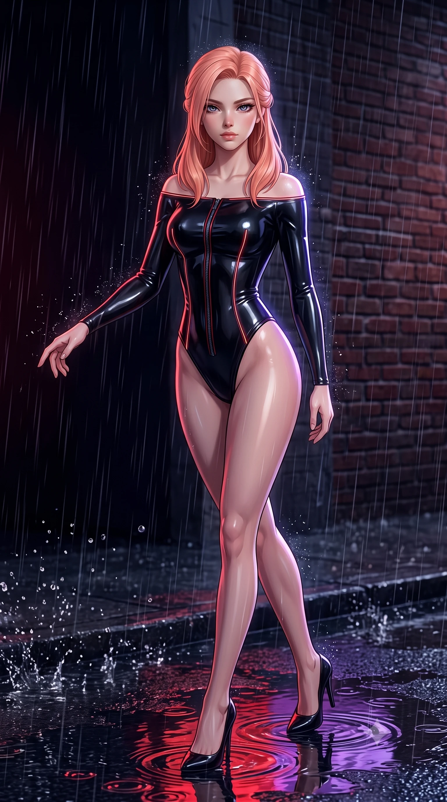 score_9, masterpiece, best quality, ultra-detailed, high-budget anime keyframe, semi-realistic 3D game render, editorial fashion photography, tasteful artistic composition, Japanese woman. close-up cowboy shot from the waist and thighs up, the character dominates the composition, filling the frame with her large presence. extending one arm gracefully toward the shadows while her torso arches in a sleek, alluring curve with intoxicating, dangerous allure while striding commanding through heavy midnight rain as puddle reflections of red and violet neon ripple beneath her heels. The surrounding environment is rendered in vivid detail and crisp panoramic clarity. sharp splashing raindrop beads, wet asphalt reflections, and textured brick wall grain in deep focus. She has an exceptionally elegant, slender, and willowy female figure with an ultra-slim waist, a gracefully sculpted slender torso, toned flat midriff, and a refined slim silhouette. sharp v-shaped jawline, high-bridge nose, intricate jewel-like eyes with depth, thick eyelashes, glossy lips with a natural sheen, flawlessly proportioned anatomical accuracy, strict slender model proportions, natural body alignment, perfectly sculpted long slender limbs, ultra-slim waistline, clean dynamic posture without body distortion. wearing a glossy black second-skin latex bodysuit with high-thigh cuts, exposed clavicle neckline, and gleaming dark zipper details in shadowy asphalt black and subtle neon red edges, made of liquid metal jersey that clings flawlessly to every contour of her build, accented with glowing fiber-optic seams tracing her collarbones and hip curves in the gloom, the glove-like aerodynamic second-skin fit tightly clinging to her ultra-slender waist and athletic curves without adding bulk, accentuating her razor-sharp statuesque lines and slim hourglass silhouette. surrounded by a dangerous, gritty, and intensely provocative femme-fatale noir aura. rich saturated anime colors with deep moody shadows, detailed chiaroscuro shading with soft gradients, rich glossy textures, high-contrast stereoscopic depth, volumetric dynamic shadow lighting, master piece, 9:16 ratio