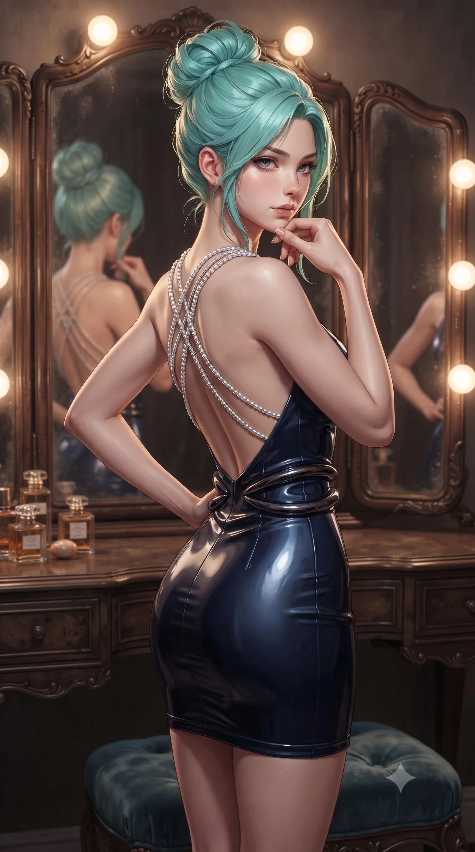 score_9, masterpiece, best quality, ultra-detailed, high-budget anime keyframe, editorial fashion photography, tasteful artistic composition, Japanese woman. close-up cowboy shot from the waist and thighs up, the character dominates the composition, filling the frame with her large presence, background elements kept in soft focus. Resting her chin on the backs of her fingers with an air of effortless superiority, adjusting her outfit before an antique trifold dressing mirror, magnetic power pose with one hand resting gracefully on her hip. She has an exceptionally elegant, slender, and willowy female figure with an ultra-slim waist, a gracefully sculpted slender torso, and a refined silhouette. sharp v-shaped jawline, high-bridge nose, intricate jewel-like eyes with depth, thick eyelashes, glossy lips with a natural sheen. wearing dramatically scooped backless dark satin mini dress with criss-cross chrome straps in pearl white, made of high-gloss liquid vinyl, accented with sculpted obsidian chrome rings at the waist, accentuating her gracefully sculpted slender torso. illuminated by warm glowing vanity bulbs casting multi-directional rim lights. ultra-reflective glossy finish, specular highlights, metallic sheen, high-contrast stereoscopic depth, volumetric dynamic lighting, 2k, ultra detail, master piece, 9:16 ratio