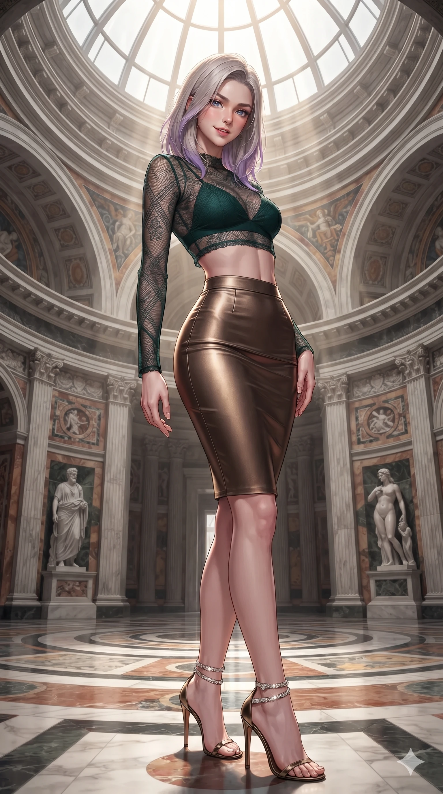 score_9, masterpiece, best quality, ultra-detailed, high-budget anime keyframe, editorial fashion photography, tasteful artistic composition, Caucasian woman. close-up cowboy shot from the waist and thighs up, the character dominates the composition, filling the frame with her large presence. tilting her head with a teasing half-smile, running one hand slowly down the side of her hip in a flirtatious S-curve as ambient light caresses her silhouette while standing in the center of the circular marble rotunda beneath the soaring dome skylight, arching her spine with breathless statuesque poise. The surrounding environment is rendered in vivid detail and crisp panoramic clarity: sharp polychrome marble mosaic tile tesserae, carved Carrara statue drapery, and iron dome rivet lines in deep focus. She has an exceptionally elegant, slender, and willowy female figure with an ultra-slim waist, flat toned midriff, narrow ribcage, and sculpted feminine hips creating an alluring, slim hourglass silhouette without bulk. sharp v-shaped jawline, high-bridge nose, sparkling eyes with hypnotic seductive depth, thick curled eyelashes, glossy parted lips with a natural dewy peach sheen, alluring bedroom-eyes with an enchanting coquettish smile, exuding magnetic siren charisma and sophisticated glamour, flawlessly proportioned anatomical accuracy, strict slender model proportions, natural body alignment, perfectly sculpted long slender limbs, ultra-slim waistline, clean dynamic posture without body distortion. wearing a delicate sheer mesh long-sleeve crop top layered over an opaque strappy micro-bralette and tight metallic skirt in deep forest emerald and antique burnished bronze, tailored from smooth liquid silk satin that clings smoothly to her narrow waist and rounded hips with a dewy sheen, complemented by strappy stiletto sandals with crystal ankle wraps accentuating her slender calves, the form-contouring silhouette accentuating her sculpted flat midriff, narrow delicate ribcage, and gracefully curvy hips with intoxicating allure. bathed in vertical shafts of dramatic midday sunlight beaming down directly through the apex cupola. ultra-reflective glossy finish, specular highlights, rich textural contrasts, high-contrast stereoscopic depth, volumetric dynamic lighting, 2k, ultra detail, master piece, 9:16 ratio