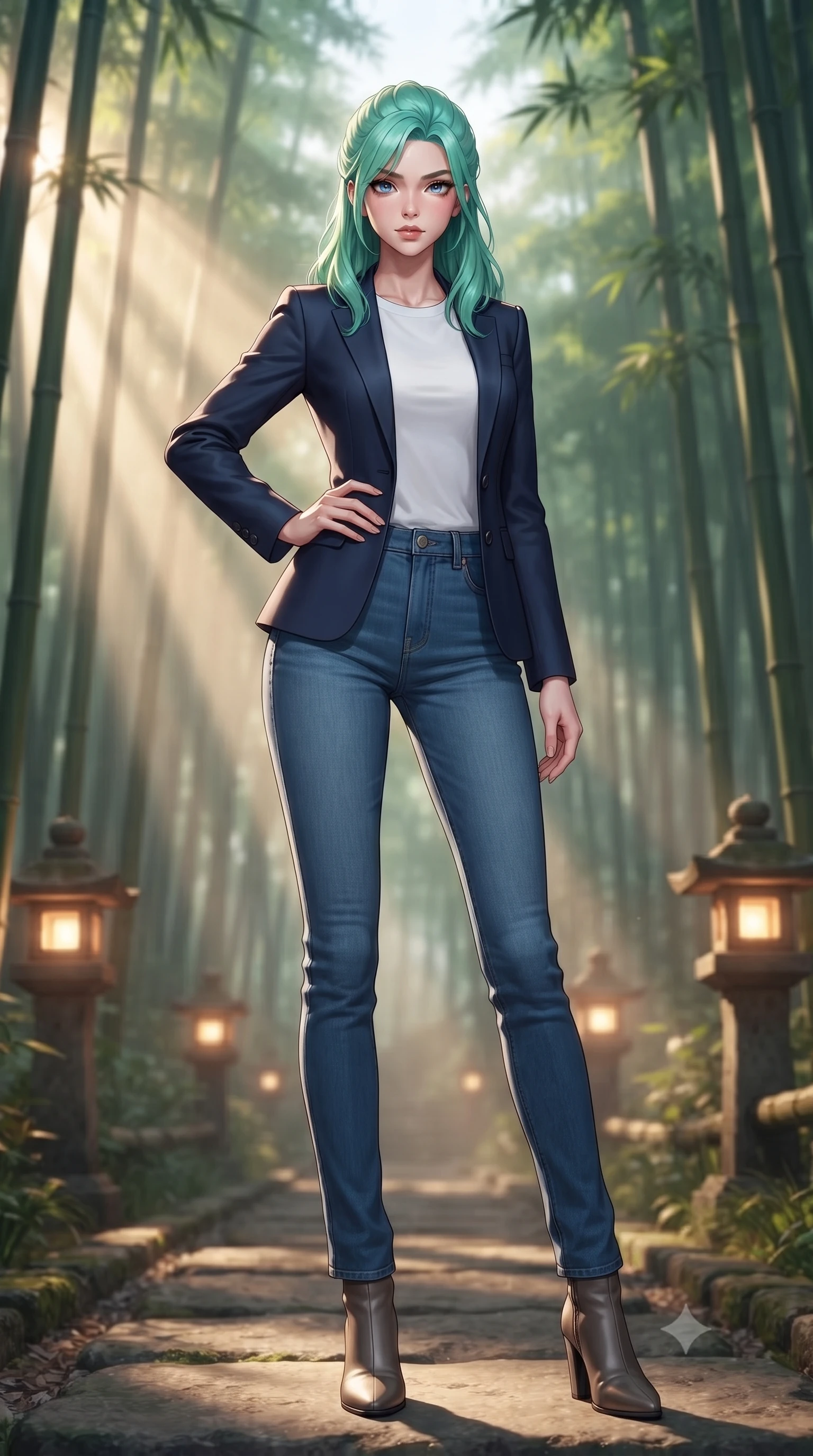 score_9, masterpiece, best quality, ultra-detailed, high-budget anime keyframe, editorial fashion photography, tasteful artistic composition, Japanese woman. low angle full-body shot from head to toe showing her feet, filling the entire 9:16 vertical frame with her statuesque presence, stretching her vertical silhouette. posing confidently with one hand on her hip, stretching her statuesque body to emphasize her curves the background shows a soft-focus a secluded bamboo forest path lit by stone lanterns at dawn. She has an absolutely perfect, statuesque 8.5-heads proportion, an exceptionally tall and slender model-like female figure with impossibly long slender legs and an ultra-slim waist. sharp v-shaped jawline, high-bridge nose, intricate jewel-like eyes with depth, thick eyelashes, glossy lips with a natural sheen. wearing a slim-fit classic navy blue blazer over a white crewneck shirt and straight-leg blue jeans. soft morning sunrays slicing through the bamboo stalks, creating volumetric rays. ultra-reflective glossy finish, specular highlights, metallic sheen, high-contrast stereoscopic depth, volumetric dynamic lighting, 2k, ultra detail, master piece, 9:16 ratio