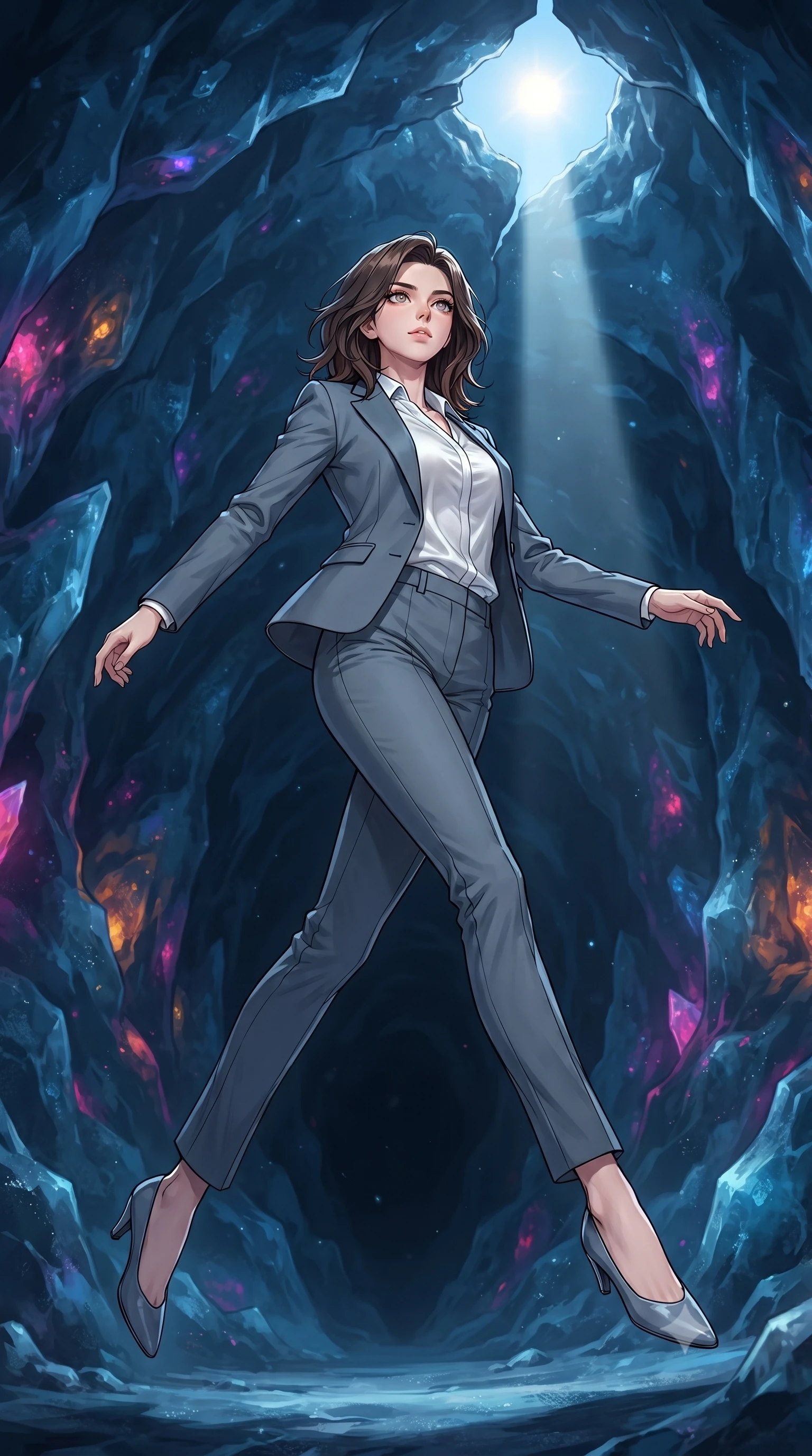 score_9, masterpiece, best quality, ultra-detailed, high-budget anime keyframe, gorgeous anime illustration, with clean line-art, distinct ink outlines, and high-contrast stereoscopic depth, Korean woman. low angle full-body shot from head to toe showing her feet, filling the entire 9:16 vertical frame with her statuesque presence, stretching her vertical silhouette. leaping gracefully through inside a cavern on a frozen dwarf planet where the walls are made of dark blue ice crystals containing trapped neon gases, looking out onto a distant tiny sun through a crack in the ceiling. She has a statuesque 8.5-heads proportion, an exceptionally tall, slender and willowy model-like build with impossibly long legs and a highly sculpted ultra-slim waist. sharp v-shaped jawline, high-bridge nose, intricate jewel-like eyes with depth, thick eyelashes, glossy lips with a natural sheen. wearing a tailored slate grey pantsuit with a single button, worn over a white satin blouse. dim cold blue ambient light from the neon ice crystals with a single sharp white beam of distant sunlight acting as a spotlight. 2k, ultra detail, master piece, 9:16 ratio, highly saturated vibrant anime colors, detailed cel-shading with soft gradients, rich glossy textures, deep contrast, volumetric dynamic lighting, 2d animation style