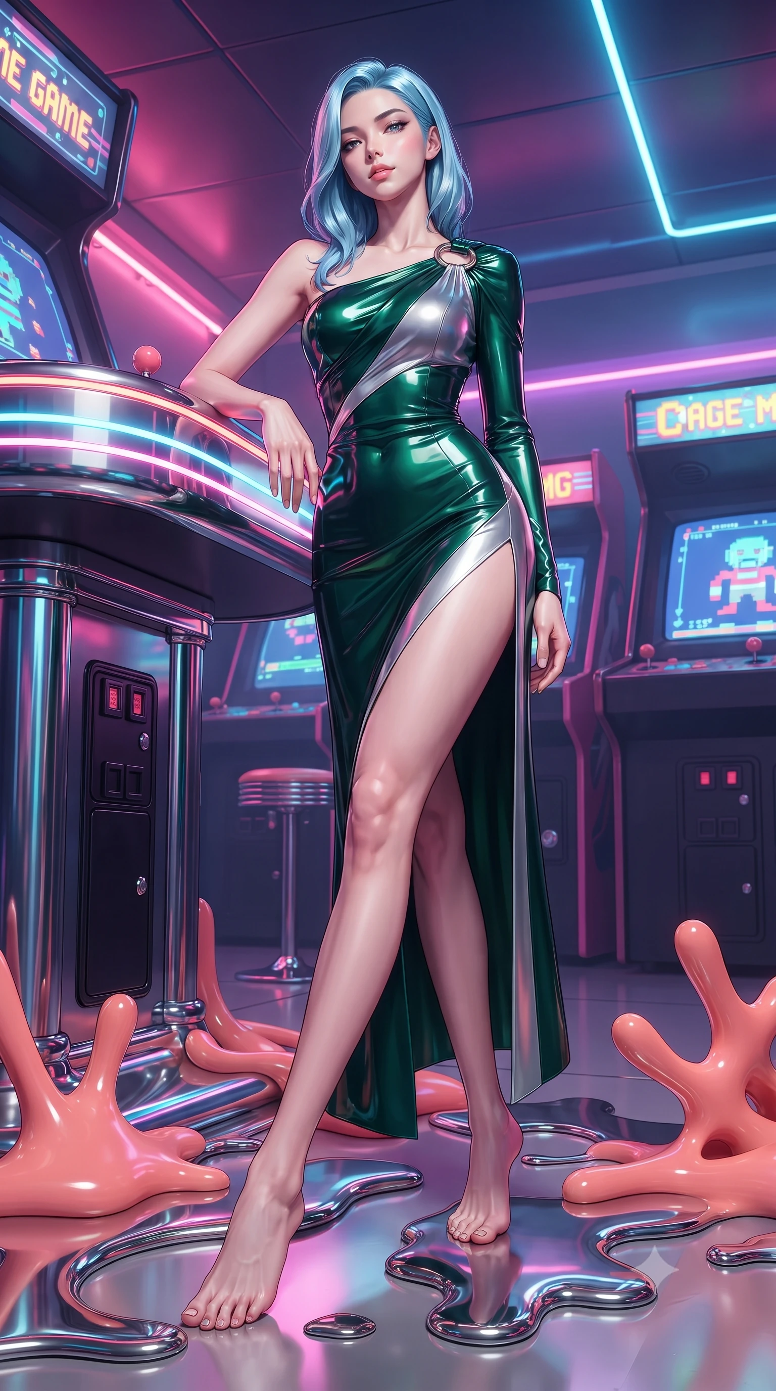 score_9, masterpiece, best quality, ultra-detailed, high-budget anime keyframe, editorial fashion photography, tasteful artistic composition, Korean woman. low angle full-body shot from head to toe showing her feet, filling the entire 9:16 vertical frame with her statuesque presence, stretching her vertical silhouette. navigating the luminous space with effortless poise, displaying her perfect model proportions lounging in a retro-futuristic arcade lounge with lo-fi pastel lighting, liquid chrome corals flowing smooth like molten mercury around her feet. She has an absolutely perfect, statuesque 8.5-heads proportion, an exceptionally tall and slender model-like female figure with impossibly long slender legs and an ultra-slim waist. sharp v-shaped jawline, high-bridge nose, intricate jewel-like eyes with depth, thick eyelashes, glossy lips with a natural sheen. wearing an asymmetrical Grecian draped chiffon gown with a metallic shoulder ring in deep emerald green and silver accent, tailored from high-gloss patent leather, finished with a sleek side slit ascending to mid-thigh, the glove-like fit emphasizing her statuesque silhouette. illuminated by retro lo-fi backlighting and brilliant liquid speculars. ultra-reflective glossy finish, specular highlights, metallic sheen, high-contrast stereoscopic depth, volumetric dynamic lighting, 2k, ultra detail, master piece, 9:16 ratio