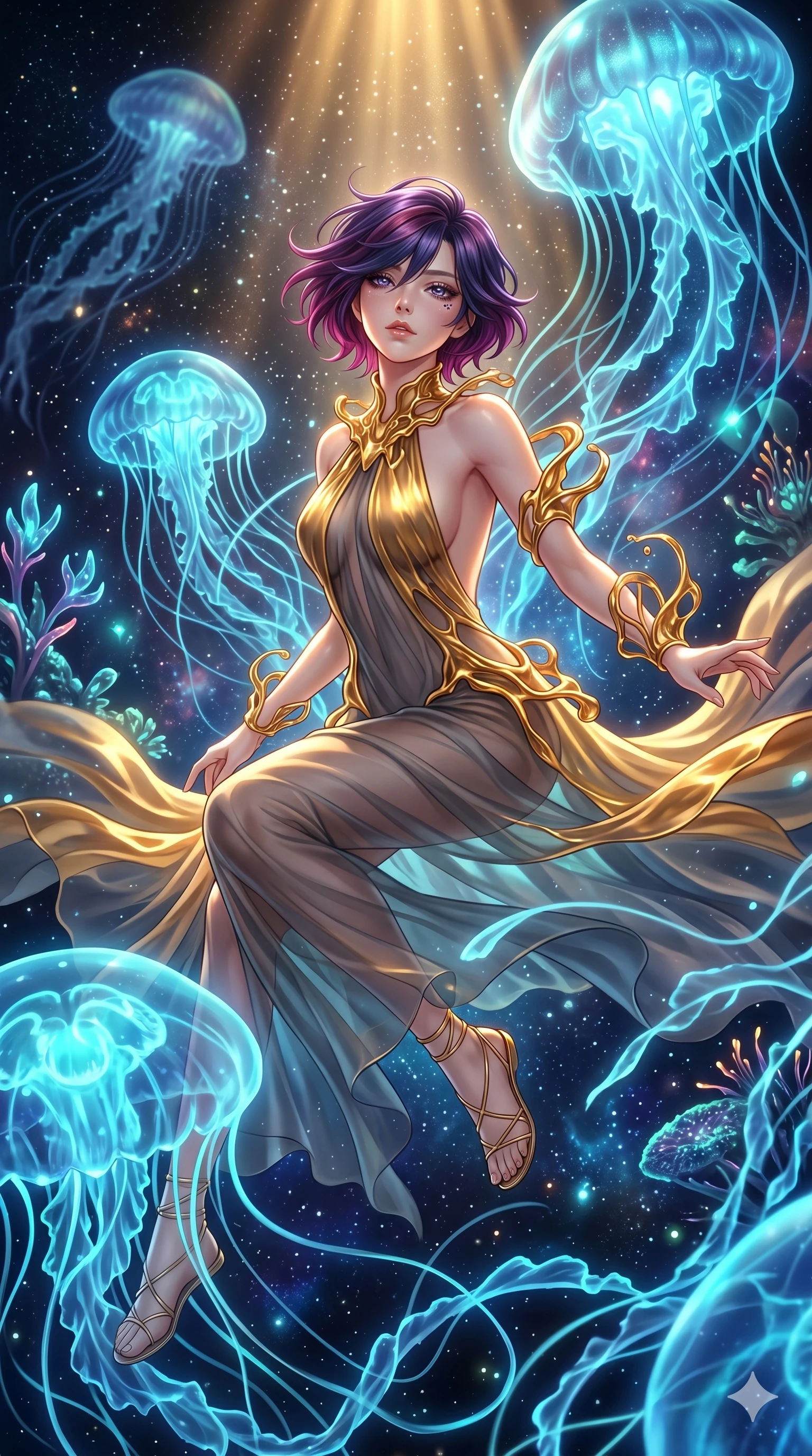score_9, masterpiece, best quality, ultra-detailed, high-budget anime keyframe, Japanese woman. low angle full-body shot filling the entire 9:16 frame with her statuesque presence, stretching the vertical silhouette. swirling gracefully among the glowing ribbon-like tentacles of giant bioluminescent jellyfish floating in a starry sky garden. She has an absolutely perfect 8-heads proportion, an exceptionally tall and slender female figure with impossibly long slender legs and an ultra-slim waist. V-shaped jawline, high-bridge nose, intricate jewel-like eyes with depth, thick eyelashes, glossy lips with a natural sheen.. wearing a molten gold and chiffon gown, featuring organic liquid gold collar and cuffs on a translucent charcoal-gray halter neck chiffon gown with a deep backless design. showcasing a beautiful play of light and shadow, with warm golden rays clashing against cool cyan highlights. 2k, ultra detail, master piece, 9:16 ratio