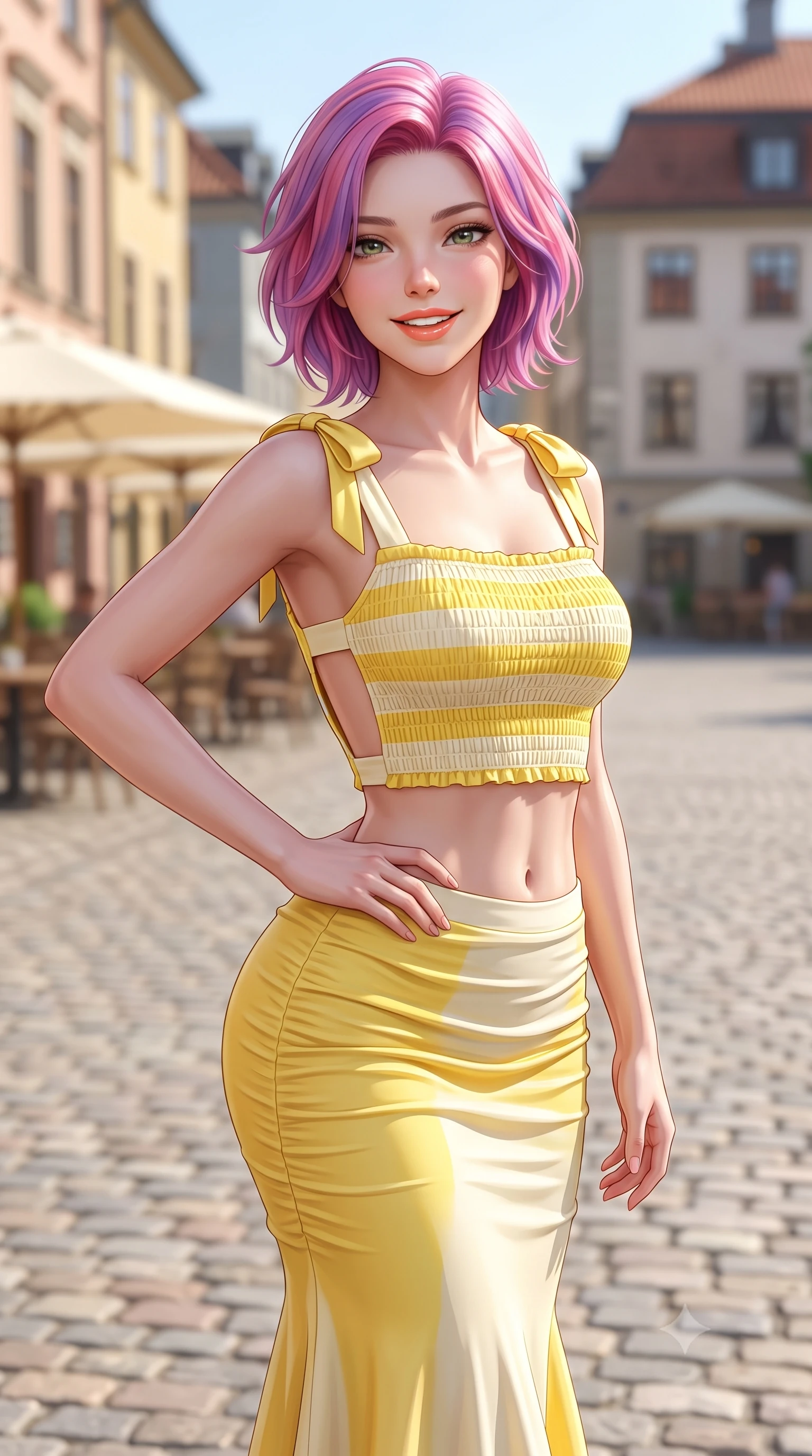 score_9, masterpiece, best quality, ultra-detailed, high-budget anime keyframe, semi-realistic 3D game render, editorial fashion photography, tasteful artistic composition, Caucasian woman. close-up cowboy shot from the waist and thighs up, the character dominates the composition, filling the frame with her large presence. twisting her slender torso in an alluring contrapposto stance, one hand resting on her sculpted hip while flashing a radiant, playful smile with parted glossy lips while twisting her slender torso in an alluring S-curve in the crystal-clear summer daylight as antique cobblestones shine beneath her feet. The composition keeps background elements in soft focus with dreamy creamy bokeh. outdoor cafe umbrellas and historic cobblestone square softened in cheerful Scandinavian shallow focus. She has an exceptionally elegant, slender, and willowy female figure with an ultra-slim waist, flat toned midriff, narrow ribcage, and sculpted feminine hips creating an alluring, slim hourglass silhouette without bulk. sharp v-shaped jawline, high-bridge nose, intricate jewel-like sparkling eyes with depth, thick eyelashes, glossy parted lips with a natural peach sheen, bright cheerful beaming smile with an enchanting and coquettish sensual glint, exuding both youthful cute charm and seductive allure, flawlessly proportioned anatomical accuracy, strict slender model proportions, natural body alignment, perfectly sculpted long slender limbs, ultra-slim waistline, clean dynamic posture without body distortion. wearing a fitted square-neck smocked crop top paired with a curve-hugging ruched mermaid midi skirt in bright butter yellow and fresh cream white, crafted from liquid-tight stretch jersey emphasizing every curve, finished with cute satin bow ribbons tying at the shoulders, the precision-cut side openings and low-back scoop framing her graceful spine and the sensual sweep of her slim, toned hips. bathed in crisp, crystal-clear Nordic summer daylight washing across the colorful town square. highly saturated vibrant anime colors, detailed shading with soft gradients, rich glossy textures, high-contrast stereoscopic depth, volumetric dynamic lighting, master piece, 9:16 ratio