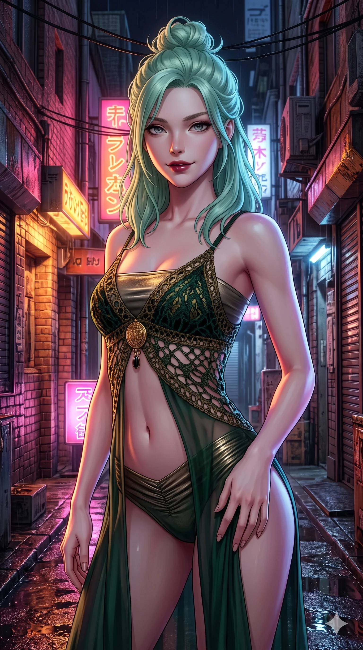 score_9, masterpiece, best quality, ultra-detailed, high-budget anime keyframe, semi-realistic 3D game render, editorial fashion photography, tasteful artistic composition, Japanese woman. close-up cowboy shot from the waist and thighs up, the character dominates the composition, filling the frame with her large presence. tilting her head with a teasing half-smile, running one hand slowly down the side of her hip in a flirtatious S-curve as ambient neon caresses her silhouette while twisting her slender torso in an alluring S-curve in the narrow alley, neon pink and amber reflections contouring her flat midriff and hips. The surrounding environment is rendered in vivid detail and crisp panoramic clarity: detailed asymmetric metallic mini dress cling, liquid surface sheen, and gritty urban textures in razor-sharp precision. She has an exceptionally elegant, slender, and willowy female figure with an ultra-slim waist, flat toned midriff, narrow ribcage, and sculpted feminine hips creating an alluring, slim hourglass silhouette without bulk. sharp v-shaped jawline, high-bridge nose, intricate jewel-like dark sparkling eyes with dangerous depth, thick curled eyelashes, glossy parted lips with a rich wine sheen, smoldering seductive half-smile with bedroom-eyes, exuding effortless superiority and intoxicating dark allure, flawlessly proportioned anatomical accuracy, strict slender model proportions, natural body alignment, perfectly sculpted long slender limbs, ultra-slim waistline, clean dynamic posture without body distortion. wearing a delicate semi-sheer openwork crochet knit slip worn over a metallic micro-bandeau and ruched briefs in deep velvet forest green and antique brass, tailored from heavy double-faced silk georgette with an exceptionally fluid drape, finished with an authentic engraved gold medallion and obsidian cabochons, the form-fitting cut adhering flawlessly to her sculpted flat midriff and slender torso, emphasizing her long leg lines and perfectly proportioned willowy build. bathed in high-saturation multi-hued neon reflections bouncing off wet alley walls and glistening skin. highly saturated vibrant anime colors, detailed shading with soft gradients, rich glossy textures, high-contrast stereoscopic depth, volumetric dynamic lighting, master piece, 9:16 ratio
