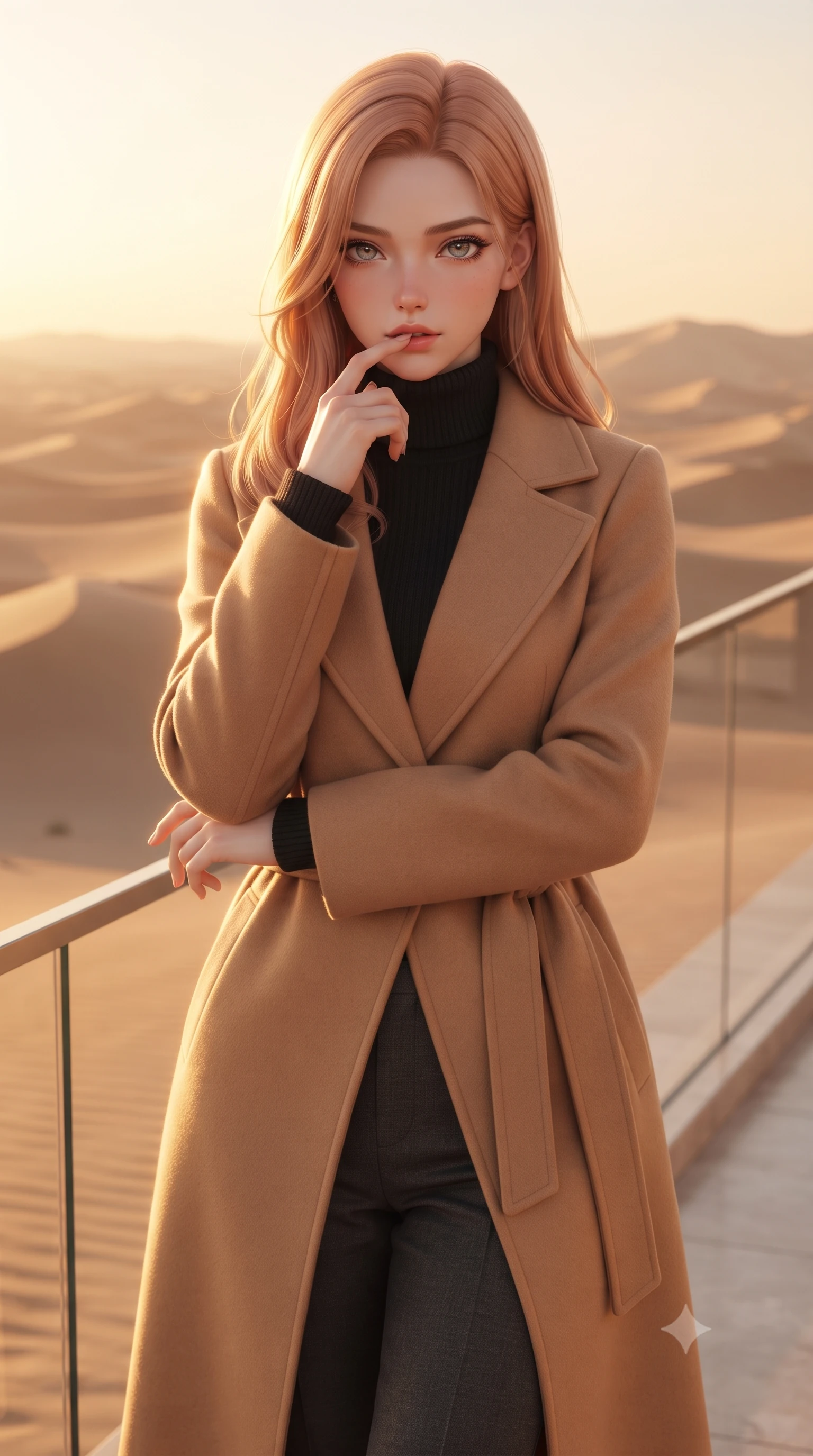 score_9, masterpiece, best quality, ultra-detailed, high-budget anime keyframe, editorial fashion photography, tasteful artistic composition, Japanese woman. close-up cowboy shot from the waist and thighs up, the character dominates the composition, filling the frame with her large presence, background elements kept in soft focus. pressing one finger to her bottom lip in a thoughtful, seductive gesture under the warm sun the background shows a soft-focus a desert villa balcony with glass railings, looking out at the endless sand dunes. She has an exceptionally elegant, slender, and willowy female figure with an ultra-slim waist, a gracefully sculpted slender torso, and a refined silhouette. sharp v-shaped jawline, high-bridge nose, intricate jewel-like eyes with depth, thick eyelashes, glossy lips with a natural sheen. wearing a form-contouring warm camel-colored wrap coat over a black turtleneck sweater and charcoal slacks. warm golden hour sunset tracing her silhouette with a soft glowing rim light. ultra-reflective glossy finish, specular highlights, metallic sheen, high-contrast stereoscopic depth, volumetric dynamic lighting, 2k, ultra detail, master piece, 9:16 ratio