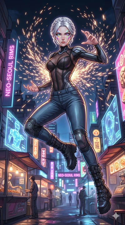 score_9, masterpiece, best quality, ultra-detailed, Set A: High-budget Anime Keyframe, Caucasian (strictly human ears) woman. Low angle cowboy shot filling the entire 9:16 frame with her statuesque presence. Leaping through a futuristic night market,
