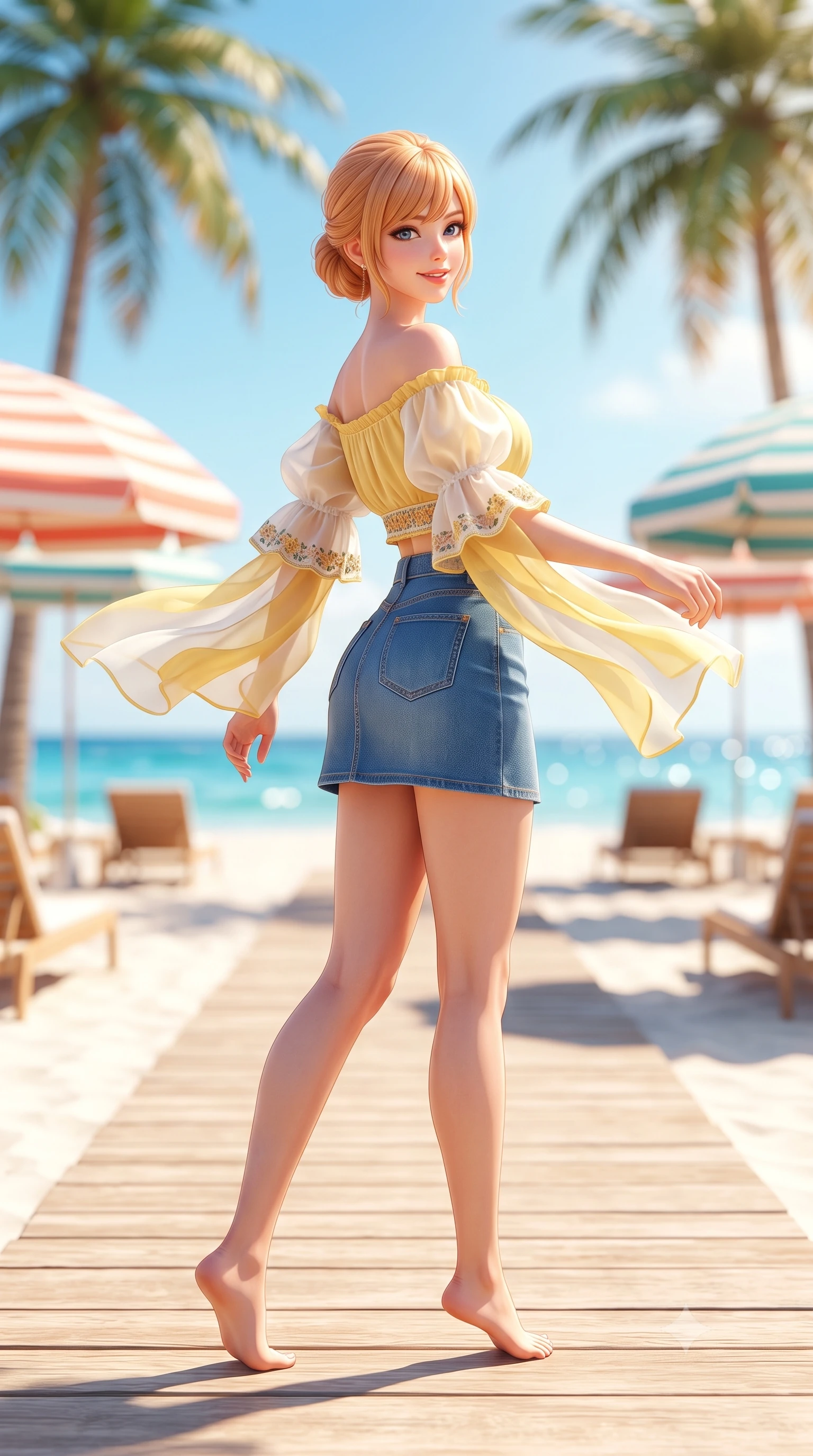 score_9, masterpiece, best quality, ultra-detailed, high-budget anime keyframe, semi-realistic 3D game render, editorial fashion photography, tasteful artistic composition, Caucasian woman. low angle full-body shot from head to toe showing her feet, filling the entire 9:16 vertical frame with her statuesque presence, stretching her vertical silhouette. executing a cheerful mid-motion pivot turn as her skirt flutters around her slender legs, glancing over her shoulder with an intoxicating, teasing cute expression while striding gracefully down the sun-bleached wooden beach boardwalk, arching her back with a radiant supermodel smile under towering palms. The composition keeps background elements in soft focus with dreamy creamy bokeh. retro striped beach umbrellas, white sand, and glittering blue sea blurred into coral, turquoise, and champagne bokeh. She has an exceptionally tall and slender model-like 8.5-heads proportion, an ultra-slim waist, a flat toned midriff, narrow delicate ribcage, and beautifully sculpted feminine hips creating a graceful, slim hourglass silhouette without any bulky heaviness, with impossibly long slender legs. sharp v-shaped jawline, high-bridge nose, intricate jewel-like sparkling eyes with depth, thick eyelashes, glossy parted lips with a natural peach sheen, bright cheerful beaming smile with an enchanting and coquettish sensual glint, exuding both youthful cute charm and seductive allure, flawlessly proportioned anatomical accuracy, strict slender model proportions, natural body alignment, perfectly sculpted long slender limbs, ultra-slim waistline, clean dynamic posture without body distortion. wearing an off-shoulder puff-sleeve crop blouse with a tight high-waisted denim A-line mini skirt emphasizing her curvy hips in bright butter yellow and fresh cream white, woven from layered gossamer organza with weightless flutter, complemented by delicate embroidered floral trim along the hem, the liquid-tight tailored fabric clinging flawlessly to her narrow waist and rounded feminine hips, emphasizing every millimeter of her sculpted slim hourglass curves without any bulky heaviness. bathed in brilliant midday Mediterranean golden sunlight and bright white sand bounce fill. highly saturated vibrant anime colors, detailed shading with soft gradients, rich glossy textures, high-contrast stereoscopic depth, volumetric dynamic lighting, master piece, 9:16 ratio