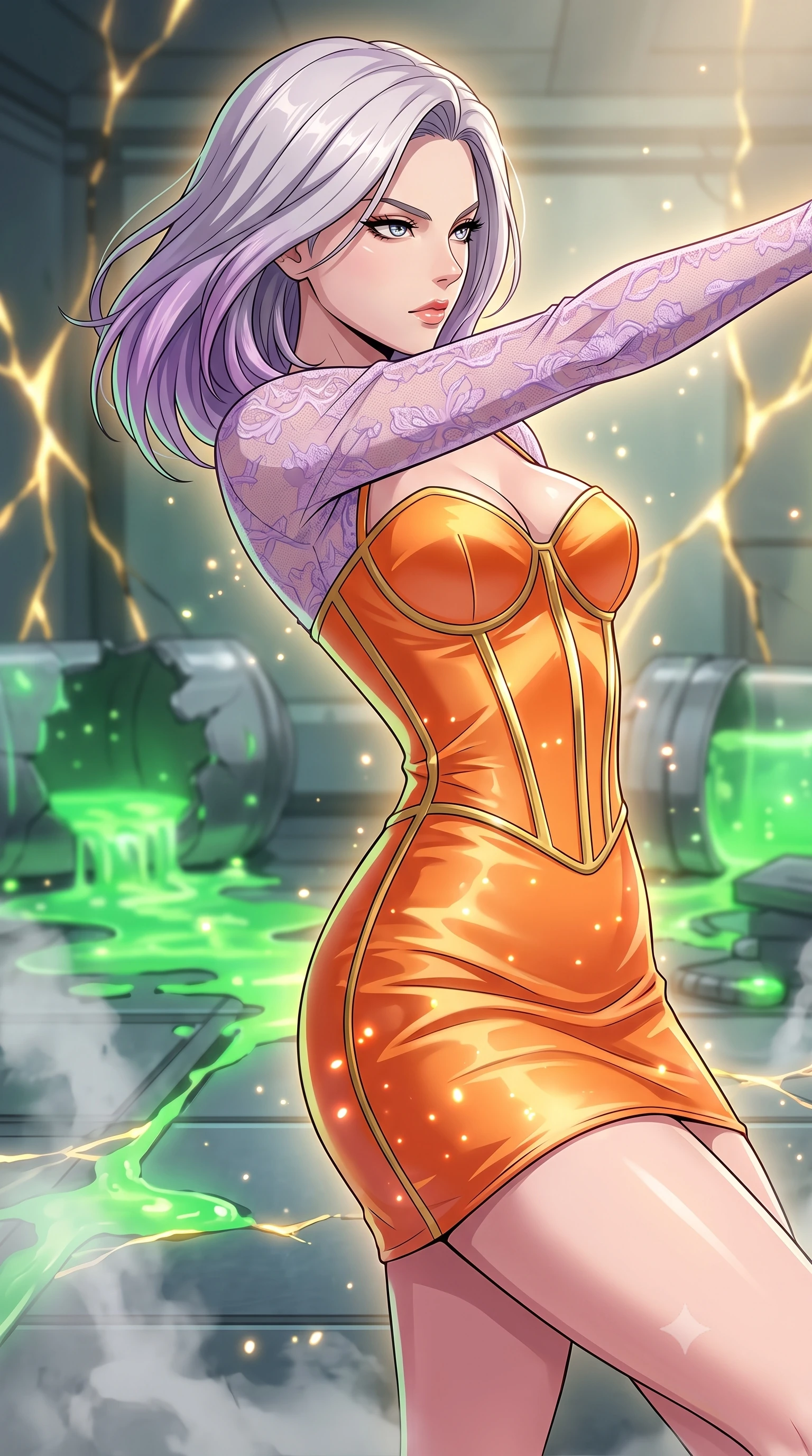 score_9, masterpiece, best quality, ultra-detailed, high-budget anime keyframe, clean line-art, cel-shading, Caucasian woman, strictly human ears. close-up cowboy shot from the waist and thighs up, the character dominates the composition, filling the frame with her large presence, background elements kept in soft focus. Leaning back to dodge a fast strike with fluid grace, casting a cold side-glare. set against a soft-focus background of a secret lab with broken chemical tanks, glowing green bio-liquid leaking across a metallic floor and steaming. She has an exceptionally elegant and slender, willowy female figure with an ultra-slim waist, a gracefully sculpted slender torso, and a refined slim physique. sharp v-shaped jawline, high-bridge nose, intricate jewel-like eyes with depth, thick eyelashes, glossy lips with a natural sheen. wearing catching and diffusing the glowing particles, shimmering softly in response to the surrounding light, a form-contouring corset mini dress in bright tangerine satin, featuring visible gold bone structure and attached sheer lilac lace sleeves. glowing kintsugi gold light radiating from cracks in the environment creating a majestic inner glow. highly saturated vibrant anime colors, intense vivid color palette, volumetric dynamic lighting, 2k, ultra detail, master piece, 9:16 ratio