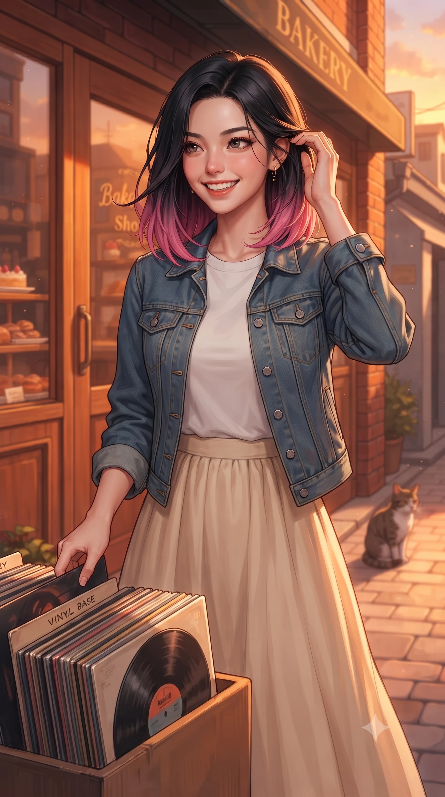 score_9, masterpiece, best quality, ultra-detailed, high-budget anime keyframe, editorial fashion photography, tasteful artistic composition, Korean woman. close-up cowboy shot from the waist and thighs up, the character dominates the composition, filling the frame with her large presence, background elements kept in soft focus. flashing an intoxicating, sunny grin while brushing a strand of hair away from her face set against a soft-focus background of in front of a cozy bakery shop in a quiet residential alley browsing through a box of vintage vinyl records with a happy smile. She has an exceptionally elegant, slender, and willowy female figure with an ultra-slim waist, a gracefully sculpted slender torso, and a refined silhouette. sharp v-shaped jawline, high-bridge nose, intricate jewel-like eyes with depth, thick eyelashes, glossy lips with a natural sheen. wearing form-contouring casual denim jacket worn over a simple white tee and a long cotton skirt. cozy golden hour sunset light painting the wooden shopfronts in orange. highly saturated vibrant anime colors, detailed shading with soft gradients, rich glossy textures, high-contrast stereoscopic depth, volumetric dynamic lighting, master piece, 9:16 ratio