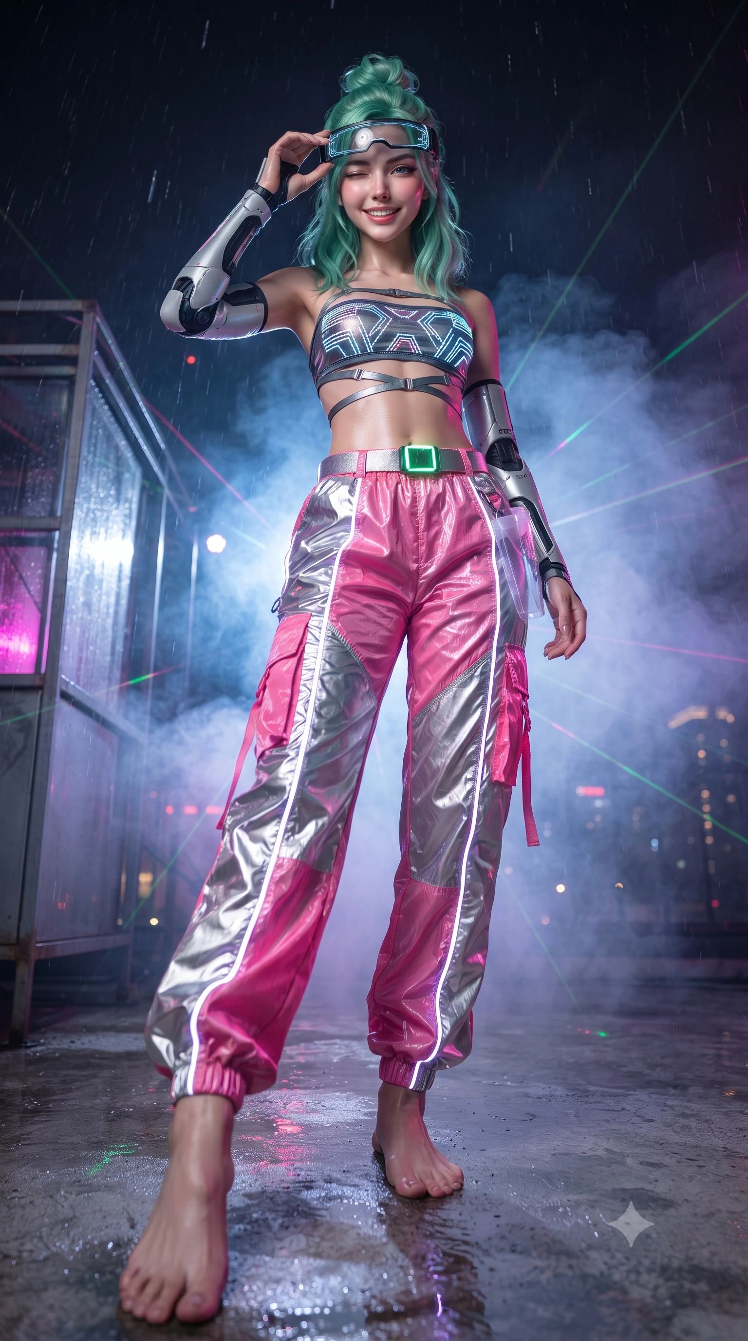score_9, masterpiece, best quality, ultra-detailed, high-budget anime keyframe, editorial fashion photography, tasteful artistic composition, Japanese woman. low angle full-body shot from head to toe showing her feet, filling the entire 9:16 vertical frame with her statuesque presence, stretching her vertical silhouette. pivoting dynamically with supreme athletic balance and poise, her impossibly long slender legs creating a breathtaking line while adjusting her futuristic cyber-visor over her brow while casting a bold, playful wink and bright smile into the camera. The composition keeps background elements in soft focus with creamy bokeh. drifting smoke machine haze and falling raindrops catching laser beam motes across the rooftop. She has an absolutely perfect, statuesque 8.5-heads proportion, an exceptionally tall and slender model-like female figure with impossibly long slender legs, a toned flat midriff, and an ultra-slim waist. sharp v-shaped jawline, high-bridge nose, intricate jewel-like eyes with depth, thick eyelashes, glossy lips with a natural sheen, captivating and magnetic expression, flawlessly proportioned anatomical accuracy, strict slender model proportions, natural body alignment, perfectly sculpted long slender limbs, ultra-slim waistline, clean dynamic posture without body distortion. wearing a strappy cybernetic tube top with detached arm sleeves and low-rise metallic cargo trousers in bright cyber pink and chrome silver, tailored from lightweight crinkle nylon with glowing reflective piping, complemented by a neon LED belt buckle and translucent vinyl holster, the breezy yet form-flattering drape swaying gracefully with her steps, accentuating her long willowy limbs and slim waistline. surrounded by a vibrant, fearless, and passionately energetic Y2K party queen aura. ultra-reflective glossy finish, specular highlights, rich textural contrasts, high-contrast stereoscopic depth, volumetric dynamic lighting, 2k, ultra detail, master piece, 9:16 ratio