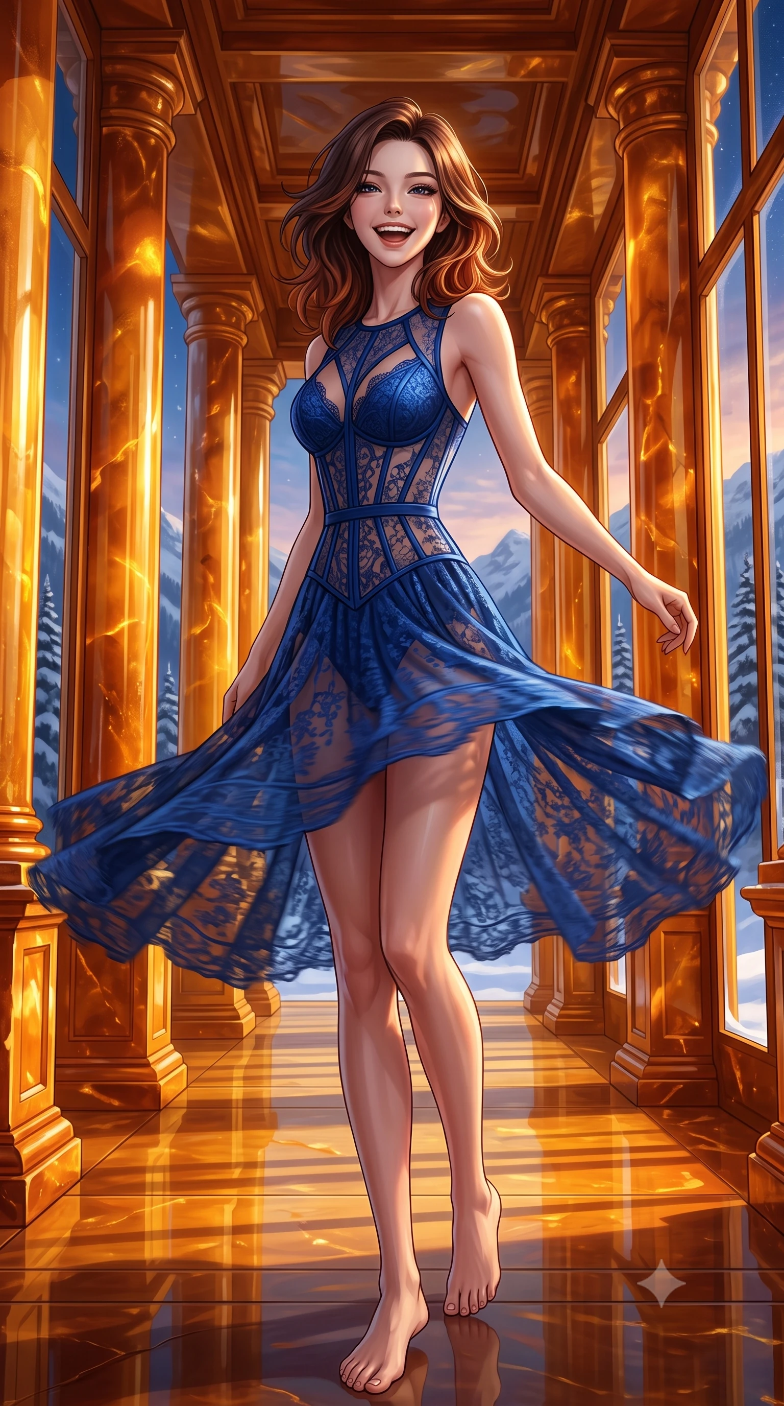 score_9, masterpiece, best quality, ultra-detailed, high-budget anime keyframe, editorial fashion photography, tasteful artistic composition, Korean woman. low angle full-body shot from head to toe showing her feet, filling the entire 9:16 vertical frame with her statuesque presence, stretching her vertical silhouette. twirling with a bright, delighted laugh inside standing inside a grand corridor of a palace made entirely of warm fossilized amber in a snowy pine mountain valley, glowing from within during a winter sunset. She has a statuesque 8.5-heads proportion, an exceptionally tall, slender and willowy model-like build with impossibly long legs and a highly sculpted ultra-slim waist. sharp v-shaped jawline, high-bridge nose, intricate jewel-like eyes with depth, thick eyelashes, glossy lips with a natural sheen. wearing a lace cage dress in cobalt blue, with a detailed corset waist and sheer panels that highlight her slender torso. warm golden sunset rays reflecting off the polished amber columns, creating deep honey-colored shadows. 2k, ultra detail, master piece, 9:16 ratio