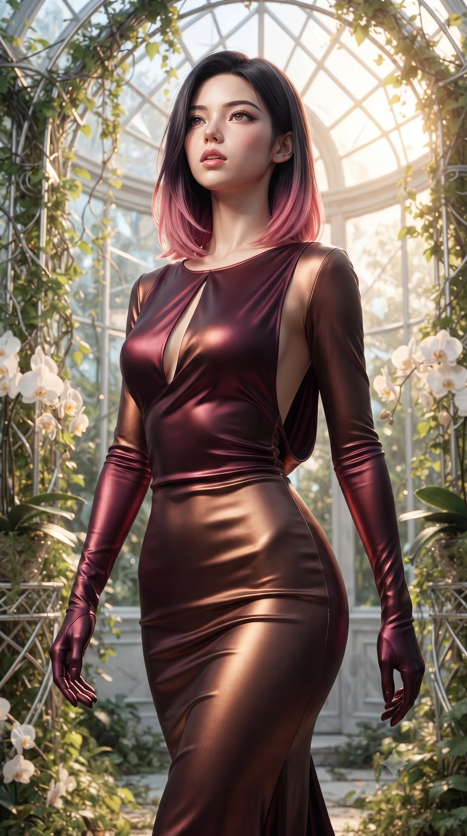 score_9, masterpiece, best quality, ultra-detailed, high-budget anime keyframe, editorial fashion photography, tasteful artistic composition, Korean woman. close-up cowboy shot from the waist and thighs up, the character dominates the composition, filling the frame with her large presence, background elements kept in soft focus. Tilting her chin up slightly with lips parted in a magnetic, composed expression forging through an overgrown greenhouse filled with platinum wire lattices, lush green vines and white orchids framing the bright architectural backdrop. She has an exceptionally elegant, slender, and willowy female figure with an ultra-slim waist, a gracefully sculpted slender torso, and a refined silhouette. sharp v-shaped jawline, high-bridge nose, intricate jewel-like eyes with depth, thick eyelashes, glossy lips with a natural sheen. wearing a precision-fitted liquid jersey bodycon dress with a draped back in deep burgundy and bronze, crafted from lustrous satin jersey with fluid draping, accented with a Tasteful chest slit framing her clavicle gracefully, the glove-like fit emphasizing her statuesque silhouette. lit by warm golden-hour rays cascading through crystalline glass panes. ultra-reflective glossy finish, specular highlights, metallic sheen, high-contrast stereoscopic depth, volumetric dynamic lighting, 2k, ultra detail, master piece, 9:16 ratio