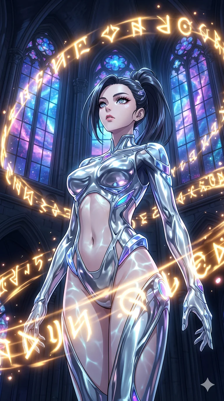 score_9, masterpiece, best quality, ultra-detailed, High-budget Anime Keyframe, vibrant colors, fluid line-art, expressive lighting, cinematic composition, Ufotable-style visual effects, top-tier animation quality, Korean woman with idol-like refined features. Low angle cowboy shot filling the entire 9:16 frame with her statuesque presence, looking up to emphasize her height. Performing a high-speed mystical ritual in a temple of pure light, her body surrounded by orbiting golden runes and symbols. She has an absolutely perfect 8-heads proportion, an exceptionally tall and slender female figure with impossibly long slender legs and an ultra-slim waist, her statuesque height and towering silhouette dominating the vertical 9:16 frame. Her face is a masterpiece featuring a sharp v-shaped jawline, high-bridge nose, intricate jewel-like eyes with depth, thick eyelashes, and glossy lips with a natural sheen. She is wearing a Futuristic pilot suit with an exposed midriff and a high-cut structural frame crafted from Molten liquid mercury that flows and reflects the environment with metallic perfection, featuring a crystalline structure that catches the light and reveals her slender frame. The scene is set in a majestic gothic cathedral in deep space with massive windows overlooking a swirling nebula, illuminated by underwater caustic lighting with ripples of light dancing across her body. 2k, ultra detail, master piece, 9:16 ratio
