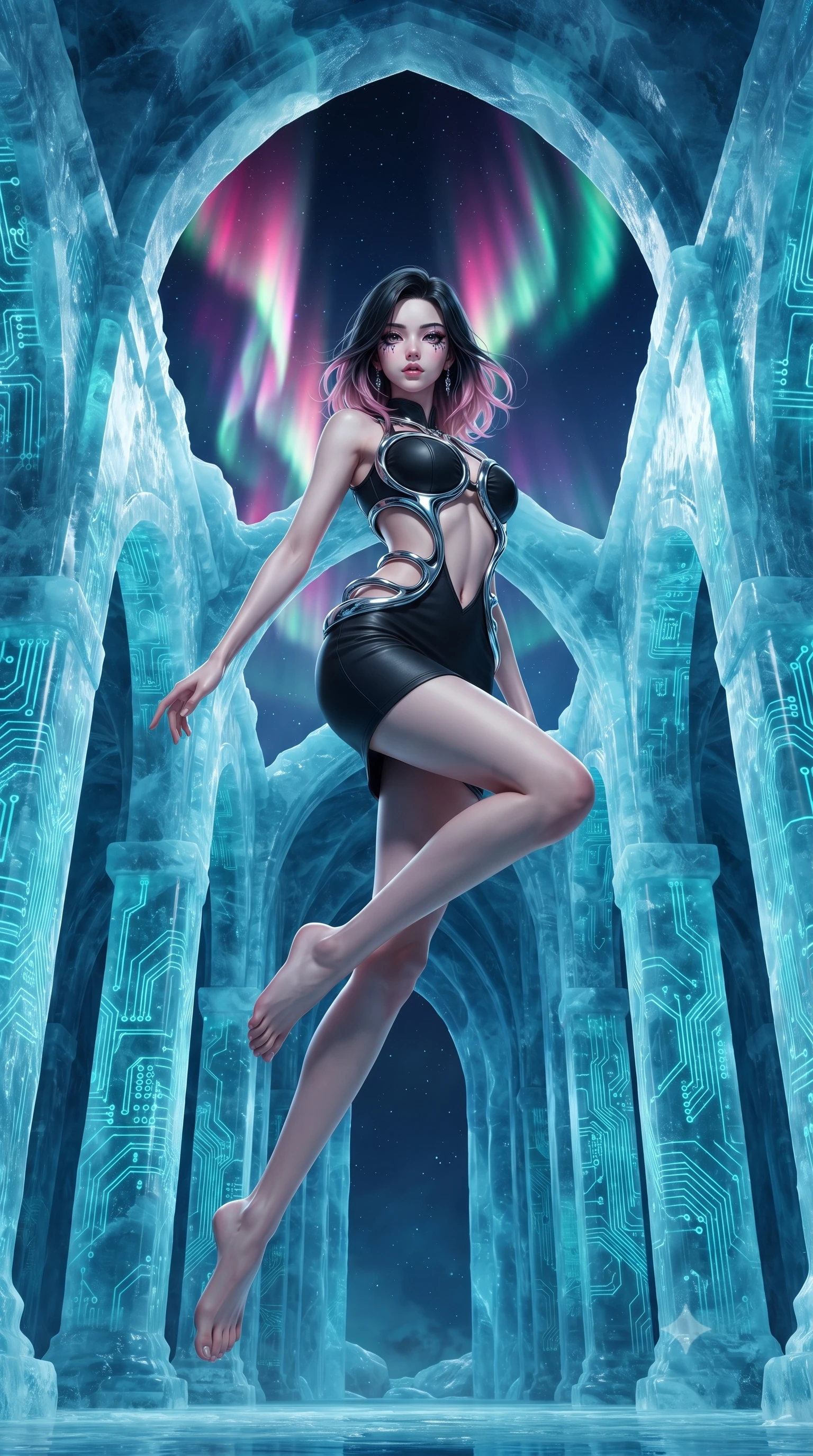 score_9, masterpiece, best quality, ultra-detailed, high-budget anime keyframe, editorial fashion photography, tasteful artistic composition, Korean woman. low angle full-body shot from head to toe showing her feet, filling the entire 9:16 vertical frame with her statuesque presence, stretching her vertical silhouette. leaping gracefully through the environment with statuesque elegance and long slender legs standing inside an ice cathedral with glowing cyan circuit boards frozen in pillars, dramatic polar aurora ribbons swirling across the dark night sky above. She has an absolutely perfect, statuesque 8.5-heads proportion, an exceptionally tall and slender model-like female figure with impossibly long slender legs and an ultra-slim waist. sharp v-shaped jawline, high-bridge nose, intricate jewel-like eyes with depth, thick eyelashes, glossy lips with a natural sheen. wearing a dramatic open-waist cutout mini dress in matte black framed by sculptural chrome hardware, the form-contouring material highlighting her ultra-slim waist and long lines. bathed in cold silver moonlight filtered through translucent glacial ice. highly saturated vibrant anime colors, detailed shading with soft gradients, rich glossy textures, high-contrast stereoscopic depth, volumetric dynamic lighting, master piece, 9:16 ratio