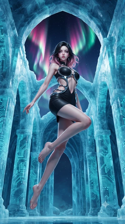 score_9, masterpiece, best quality, ultra-detailed, high-budget anime keyframe, editorial fashion photography, tasteful artistic composition, Korean woman. low angle full-body shot from head to toe showing her feet, filling the entire 9:16 vertical f