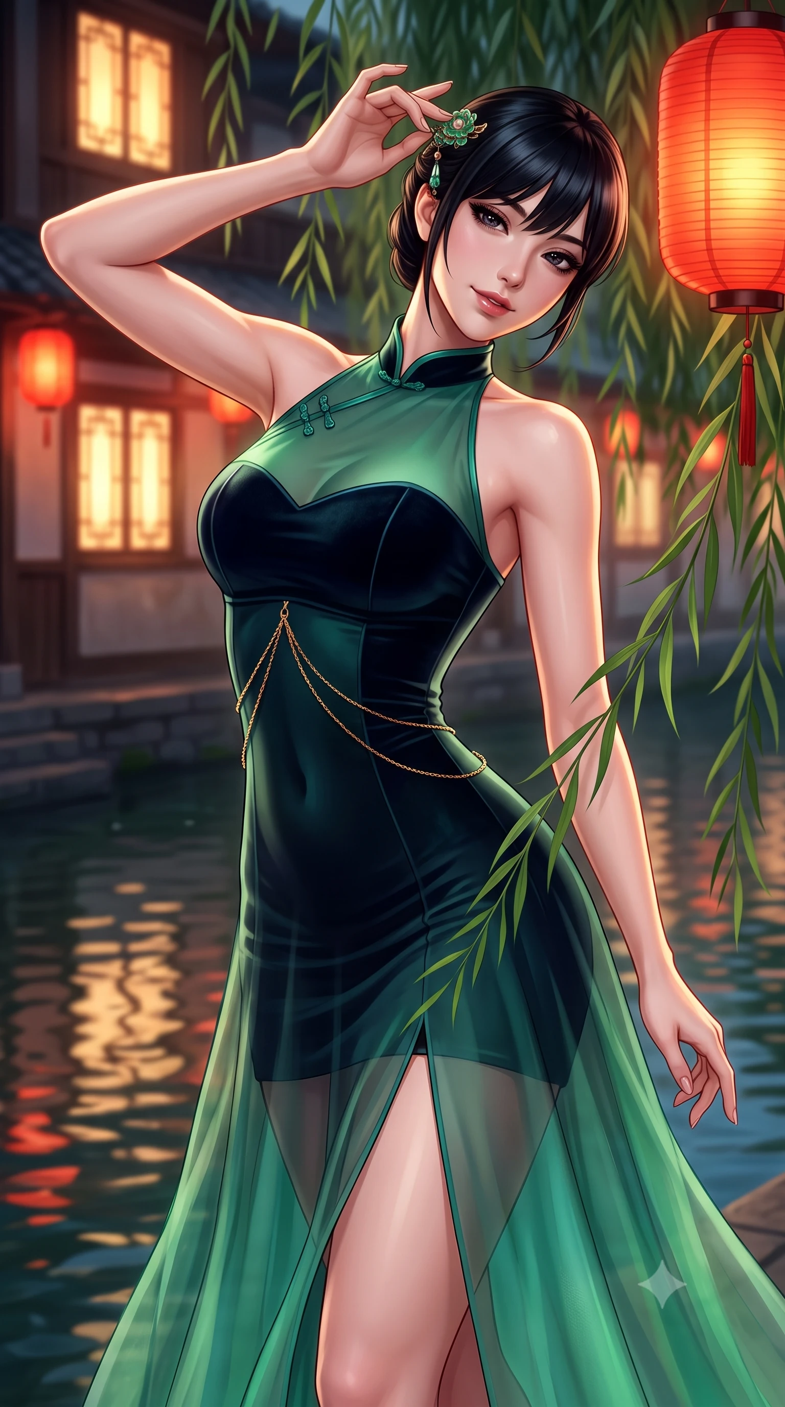 score_9, masterpiece, best quality, ultra-detailed, high-budget anime keyframe, semi-realistic 3D game render, editorial fashion photography, tasteful artistic composition, Caucasian woman. close-up cowboy shot from the waist and thighs up, the character dominates the composition, filling the frame with her large presence. tilting her head with an alluring smile while arching her spine with dancer poise, one hand touching her ornate jade hairpin in a flirtatious S-curve while twisting her slender torso in an alluring contrapposto stance, trailing weeping willow fronds brushing past her tight fusion dress and hips. The background shows a soft-focus rippling canal waters reflecting glowing windows and swaying willow branches softened in romantic Gion shallow focus. She has an exceptionally elegant, slender, and willowy female figure with an ultra-slim waist, flat toned midriff, narrow ribcage, and sculpted feminine hips creating an alluring, slim hourglass silhouette without bulk. sharp v-shaped jawline, high-bridge nose, intricate jewel-like dark sparkling almond eyes with depth, thick lashes, glossy parted lips with a natural rose-plum sheen, bright alluring and coquettish smile with bedroom-eyes, exuding both timeless oriental elegance and sovereign high-fashion allure, flawlessly proportioned anatomical accuracy, strict slender model proportions, natural body alignment, perfectly sculpted long slender limbs, ultra-slim waistline, clean dynamic posture without body distortion. wearing a modern fusion hanbok dress with a structured velvet bodice and cascading sheer ombre organza skirt with front slit in deep midnight obsidian and luminous imperial jade green, made of supple second-skin stretch silk jersey clinging flawlessly to her form, accented with a delicate gold body chain draping loosely across her flat midriff, the liquid-tight tailored silk fabric clinging flawlessly to her narrow waist and rounded feminine hips, emphasizing every millimeter of her sculpted slim hourglass curves without any bulky heaviness. bathed in the warm nostalgic glow of red paper street lanterns and teahouse window spill. highly saturated vibrant anime colors, detailed shading with soft gradients, rich glossy textures, high-contrast stereoscopic depth, volumetric dynamic lighting, master piece, 9:16 ratio