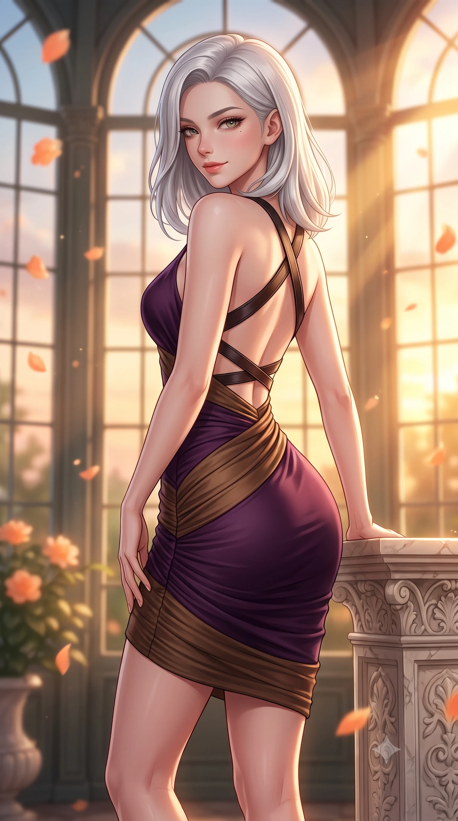 score_9, masterpiece, best quality, ultra-detailed, high-budget anime keyframe, semi-realistic 3D game render, editorial fashion photography, tasteful artistic composition, Korean woman. close-up cowboy shot from the waist and thighs up, the character dominates the composition, filling the frame with her large presence. turning over a bare shoulder with an intoxicating, teasing smile, her soft hair framing her sharp jawline as her hips angle gracefully while leaning against a carved marble plant pedestal with hips cocked back, looking over her shoulder with an aristocratic, haughty bedroom-gaze. The composition keeps background elements in soft focus with creamy bokeh. sunbeams pouring through glass panes and orange blossom petals softened in elegant Austrian shallow focus. She has an exceptionally elegant, slender, and willowy female figure with an ultra-slim waist, flat toned midriff, narrow ribcage, and sculpted feminine hips creating an alluring, slim hourglass silhouette without bulk. sharp v-shaped jawline, high-bridge nose, intricate jewel-like eyes with depth, thick eyelashes, glossy parted lips with a natural sheen, intensely captivating and seductive bedroom-eyes expression, flawlessly proportioned anatomical accuracy, strict slender model proportions, natural body alignment, perfectly sculpted long slender limbs, ultra-slim waistline, clean dynamic posture without body distortion. wearing a form-contouring cocktail dress with an asymmetrical open shoulder and hip-defining ruching in deep plum violet and antique bronze, tailored from water-resistant treated wool gabardine and flexible stretch silk, featuring an open-back criss-cross harness strap in dark leather, the glove-like aerodynamic silhouette tightly following the natural contour of her hips and long slender legs with statuesque 8.5-heads elegance. bathed in dramatic golden hour sunset rays streaming through towering glasshouse arched windows. highly saturated vibrant anime colors, detailed shading with soft gradients, rich glossy textures, high-contrast stereoscopic depth, volumetric dynamic lighting, master piece, 9:16 ratio