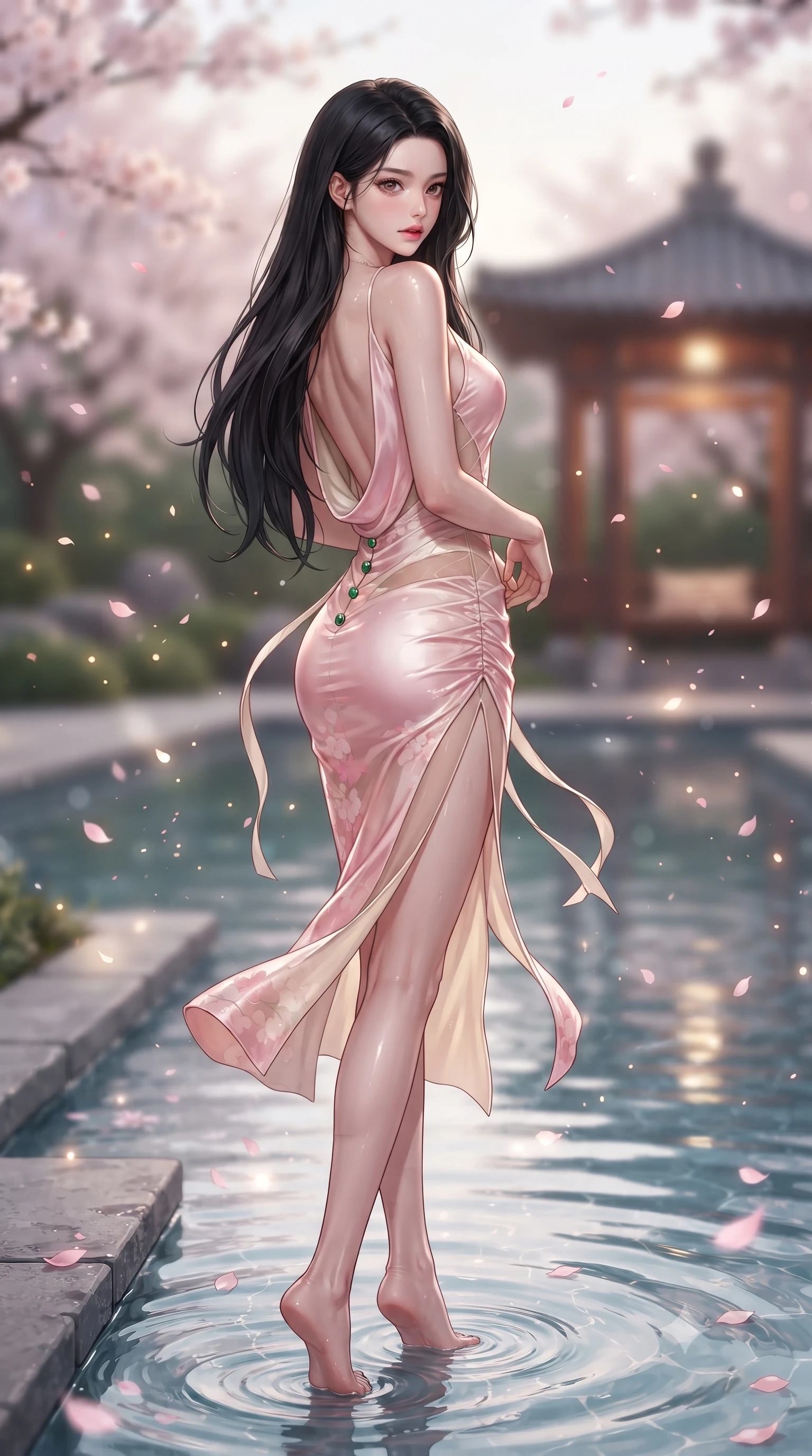 score_9, masterpiece, best quality, ultra-detailed, high-budget anime keyframe, editorial fashion photography, tasteful artistic composition, Korean woman. low angle full-body shot from head to toe showing her feet, filling the entire 9:16 vertical frame with her statuesque presence, stretching her vertical silhouette. executing an elegant mid-motion pivot turn as garments swirl around her slender limbs, glancing over her shoulder with an intoxicating bedroom-gaze while sitting on the stone infinity pool edge with legs dipped in water, turning her upper body in an alluring S-curve toward the camera. The composition keeps background elements in soft focus with creamy bokeh. thermal pool ripple caustics and drifting sakura petals scattering soft luminous light motes. She has an absolutely perfect, statuesque 8.5-heads proportion, an exceptionally tall and slender model-like female figure with impossibly long slender legs, a toned flat midriff, an ultra-slim waist, and beautifully sculpted feminine hips. sharp v-shaped jawline, high-bridge nose, intricate jewel-like eyes with depth, thick eyelashes, glossy parted lips with a natural sheen, intensely captivating and seductive bedroom-eyes expression, flawlessly proportioned anatomical accuracy, strict slender model proportions, natural body alignment, perfectly sculpted long slender limbs, ultra-slim waistline, clean dynamic posture without body distortion. wearing a form-contouring liquid satin slip dress with a deep cowl back and hip-defining ruching in sakura blossom pink and warm ivory, made of sheer contouring power-mesh panels with anatomical curve lines, finished with genuine jade button closures and floating celestial silk ribbons, the second-skin form-contouring cut accentuating her sculpted flat midriff, narrow waistline, and dramatically curvy hips without adding bulk. illuminated by wet specular reflections accentuating her sculpted collarbones, narrow waist, and curvy hips. ultra-reflective glossy finish, specular highlights, rich textural contrasts, high-contrast stereoscopic depth, volumetric dynamic lighting, 2k, ultra detail, master piece, 9:16 ratio