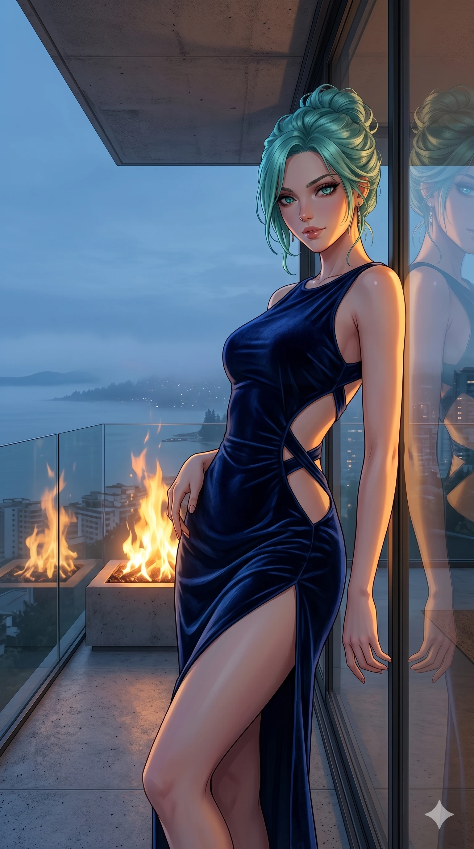 score_9, masterpiece, best quality, ultra-detailed, high-budget anime keyframe, editorial fashion photography, tasteful artistic composition, Japanese woman. cowboy shot from the thighs up, character and outfit filling the frame for maximum editorial presence. leaning against the glass window, looking directly into the lens with a sultry half-smile on a modern concrete balcony overlooking a misty bay at twilight (Code-P18-085). She has an absolutely perfect 8-heads proportion, an exceptionally tall and slender female figure with impossibly long slender legs and an ultra-slim waist. V-shaped jawline, high-bridge nose, intricate jewel-like eyes with depth, thick eyelashes, glossy lips with a natural sheen. wearing a velvet bodycon dress with dramatic side cutouts and a high slit. warm amber firelight casting dancing shadows and a soft golden glow over her features. 2k, ultra detail, master piece, 9:16 ratio