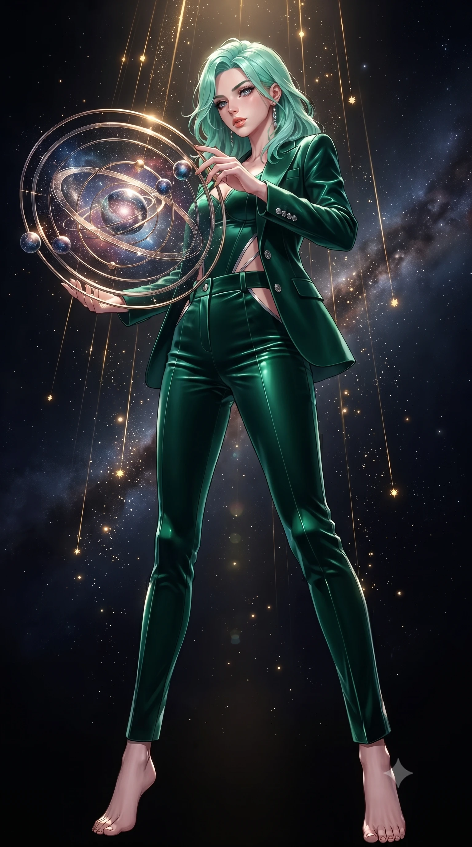 score_9, masterpiece, best quality, ultra-detailed, high-budget anime keyframe, editorial fashion photography, tasteful artistic composition, Japanese woman. low angle full-body shot from head to toe showing her feet, filling the entire 9:16 vertical frame with her statuesque presence, stretching her vertical silhouette. forging dynamically through the scene, her vertical silhouette beautifully stretched adjusting a luminous planetary orbital dial filled with galaxy dust, starlight particles falling like a golden shower around her. She has an absolutely perfect, statuesque 8.5-heads proportion, an exceptionally tall and slender model-like female figure with impossibly long slender legs and an ultra-slim waist. sharp v-shaped jawline, high-bridge nose, intricate jewel-like eyes with depth, thick eyelashes, glossy lips with a natural sheen. wearing a tailored silk blazer over a form-contouring top and fitted slacks in deep emerald green and silver accent, made of premium stretch velvet with a rich sheen, featuring subtle geometric cutouts that highlight her ultra-slim midriff, the glove-like fit emphasizing her statuesque silhouette. surrounded by a glowing aura of starlight and shimmering celestial rays. ultra-reflective glossy finish, specular highlights, metallic sheen, high-contrast stereoscopic depth, volumetric dynamic lighting, 2k, ultra detail, master piece, 9:16 ratio