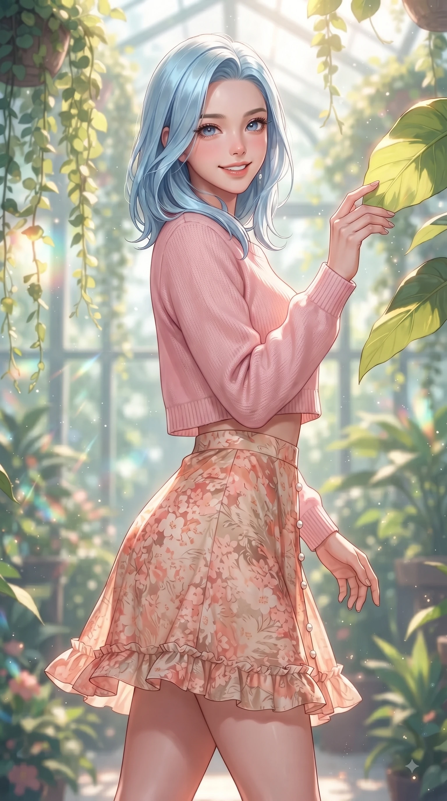 score_9, masterpiece, best quality, ultra-detailed, high-budget anime keyframe, editorial fashion photography, tasteful artistic composition, Korean woman. close-up cowboy shot from the waist and thighs up, the character dominates the composition, filling the frame with her large presence. Gazing directly into the camera with a fresh, infectious smile as her torso curves dynamically in mid-stride while reaching out playfully to touch a sun-lit green leaf while smiling with sparkling eyes into the lens. The composition keeps background elements in soft focus with dreamy bokeh. cascading botanical vines and delicate greenhouse refractions softened in creamy depth of field. She has an exceptionally elegant, slender, and willowy female figure with an ultra-slim waist, a gracefully sculpted slender torso, and a refined silhouette. sharp v-shaped jawline, high-bridge nose, intricate jewel-like eyes with depth, thick eyelashes, glossy lips with a natural sheen, flawlessly proportioned anatomical accuracy, natural body alignment, perfectly sculpted elegant limbs, clean dynamic posture without body distortion. wearing a sweet baby-pink cropped knit sweater with a high-waisted denim A-line skirt in peach blossom pink and warm oatmeal, made of fine lightweight chiffon that flutters gently in the breeze, finished with subtle ruffle trims and delicate pearl buttons, the relaxed yet flattering fit accentuating her naturally graceful and slender figure. surrounded by a peaceful, sun-drenched, and healing greenhouse atmosphere. ultra-reflective glossy finish, specular highlights, metallic sheen, high-contrast stereoscopic depth, volumetric dynamic lighting, 2k, ultra detail, master piece, 9:16 ratio