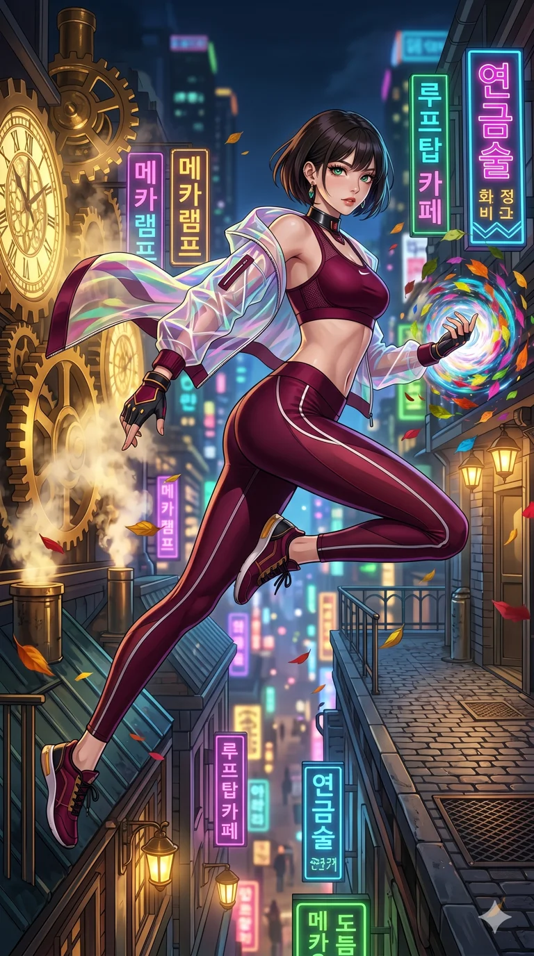 score_9, masterpiece, best quality, ultra-detailed, High-budget Anime Keyframe, beautiful Korean anime girl. Low angle cowboy shot filling the entire 9:16 frame with her statuesque presence. Leaping across the rooftops of a steampunk city at night with vibrant neon lights. She has an absolutely perfect 8-heads proportion, an exceptionally tall and slender female figure with impossibly long slender legs and an ultra-slim waist. Sharp v-shaped jawline, high-bridge nose, intricate jewel-like eyes with depth, thick eyelashes, glossy lips with a natural sheen. Wearing a Premium Athleisure outfit: sleek burgundy activewear with a sheer windbreaker and exposed midriff. Background is a bright and colorful city with golden gears, steam, and vibrant neon signs. 2k, ultra detail, master piece, 9:16 ratio