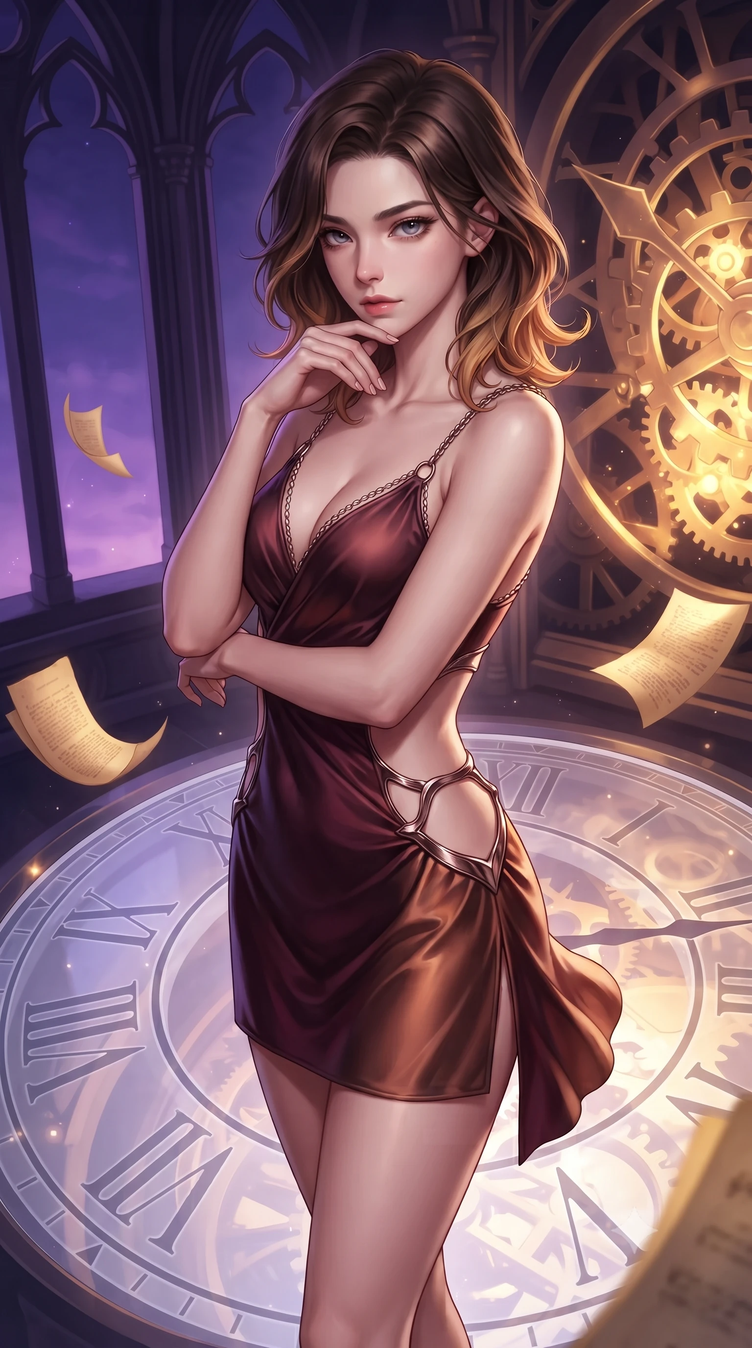 score_9, masterpiece, best quality, ultra-detailed, high-budget anime keyframe, editorial fashion photography, tasteful artistic composition, Korean woman. close-up cowboy shot from the waist and thighs up, the character dominates the composition, filling the frame with her large presence, background elements kept in soft focus. Resting her chin on the backs of her fingers, casting a sharp, mysterious gaze standing atop a giant translucent Roman numeral clock dial in a high tower, golden paper pages fluttering gently around her in a magical breeze. She has an exceptionally elegant, slender, and willowy female figure with an ultra-slim waist, a gracefully sculpted slender torso, and a refined silhouette. sharp v-shaped jawline, high-bridge nose, intricate jewel-like eyes with depth, thick eyelashes, glossy lips with a natural sheen. wearing a dramatic open-waist cutout mini dress framed by sculptural hardware in deep burgundy and bronze, crafted from smooth liquid silk, adorned with delicate metallic chain straps along the neckline, the sleek second-skin texture accentuating her magnetic presence. lit by a contrast of deep violet sky and radiant golden mechanical light. highly saturated vibrant anime colors, detailed shading with soft gradients, rich glossy textures, high-contrast stereoscopic depth, volumetric dynamic lighting, master piece, 9:16 ratio