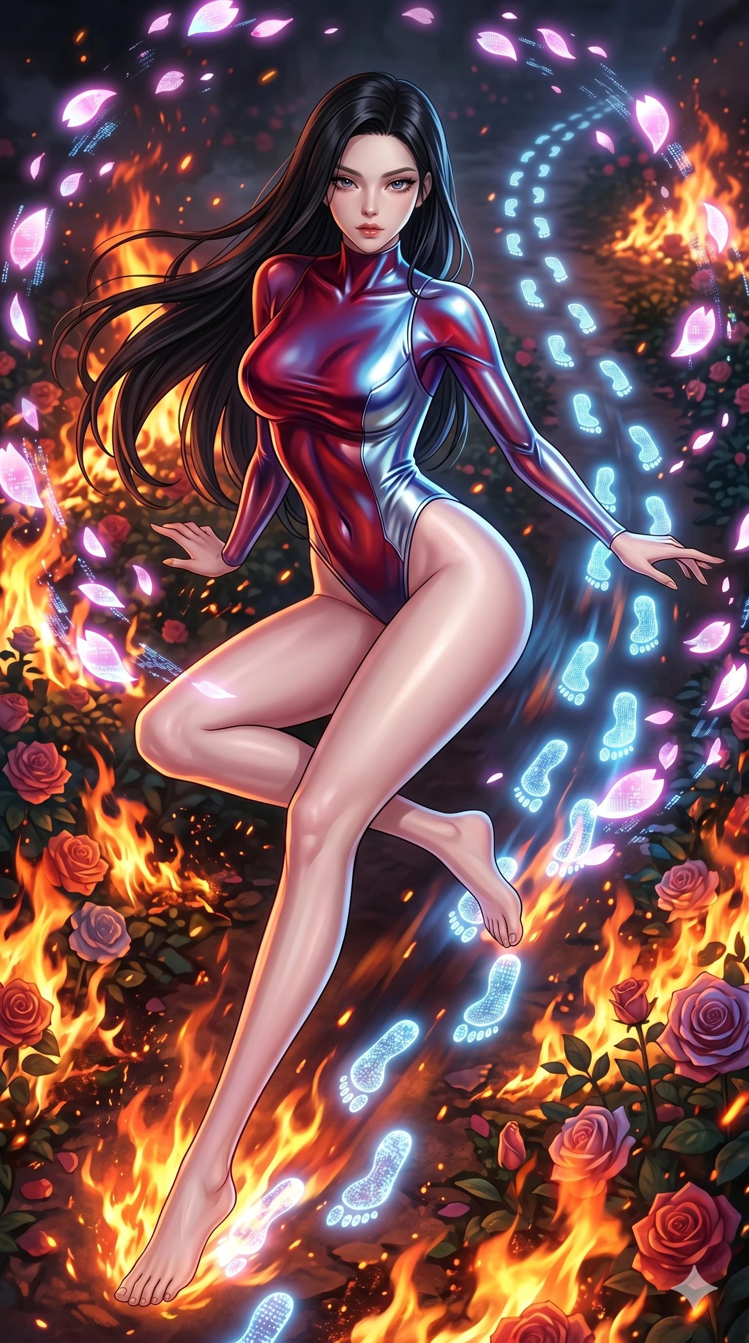 score_9, masterpiece, best quality, ultra-detailed, Set A: High-budget Anime Keyframe, Korean woman. Upper body close-up from the thighs up, character filling the screen for maximum presence. Sliding through a burning rose garden, as she leaves a trail of 38 glowing footprints and surrounded by digital sakura petals. She has an absolutely perfect 8-heads proportion, an exceptionally tall and slender female figure with impossibly long slender legs and an ultra-slim waist. Sharp v-shaped jawline, high-bridge nose, intricate jewel-like eyes with depth, thick eyelashes, glossy lips with a natural sheen. Wearing High-cut bodysuit made of liquid-crystal fabric that changes color with movement. Cinematic lighting, vibrant colors, dramatic shadows, 2k, ultra detail, master piece, 9:16 ratio