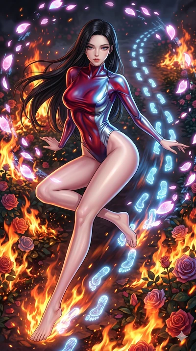score_9, masterpiece, best quality, ultra-detailed, Set A: High-budget Anime Keyframe, Korean woman. Upper body close-up from the thighs up, character filling the screen for maximum presence. Sliding through a burning rose garden, as she leaves a tra