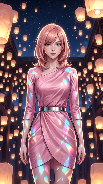 A cinematic 2D anime animation. The warm pendant lights and neon highlights glow brighter and pulse gently. Volumetric dust motes drift lazily through the warm orange sunbeams. The camera executes a slow, steady orbit around the character. Subtle shi