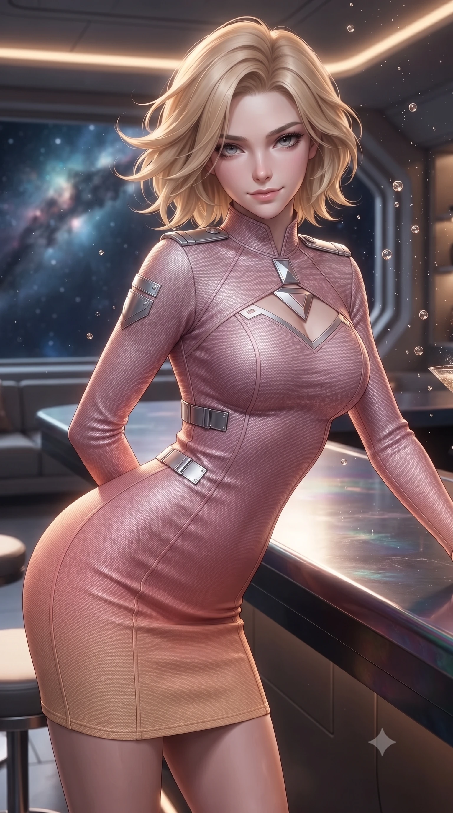 score_9, masterpiece, best quality, ultra-detailed, high-budget anime keyframe, editorial fashion photography, tasteful artistic composition, Caucasian woman. close-up cowboy shot from the waist and thighs up, the character dominates the composition, filling the frame with her large presence. leaning forward while arching her lower back to accentuate her curvy hips, looking into the camera with an intoxicating smoldering gaze and bedroom-eyes while leaning against the brushed obsidian bar counter with hips cocked back, watching floating zero-gravity champagne droplets catch starlight with intoxicating bedroom-eyes. The surrounding environment is rendered in vivid detail and crisp panoramic clarity: detailed dress uniform tailoring, silver epaulets, and cutting-edge space habitat luxury in razor-sharp precision. She has an exceptionally elegant, slender, and willowy female figure with an ultra-slim waist, flat toned midriff, narrow ribcage, and sculpted feminine hips creating an alluring, slim hourglass silhouette without bulk. sharp v-shaped jawline, high-bridge nose, intricate jewel-like sparkling eyes with depth, thick eyelashes, glossy parted lips with a natural peach sheen, bright cheerful beaming smile with an enchanting and coquettish sensual glint, exuding both youthful cute charm and seductive allure, flawlessly proportioned anatomical accuracy, strict slender model proportions, natural body alignment, perfectly sculpted long slender limbs, ultra-slim waistline, clean dynamic posture without body distortion. wearing a dense bandage-knit tactical officer dress with subtle geometric chest accents contouring her delicate ribcage and feminine hips in Solaris liquid rose-quartz and alien peach, tailored from high-density tech-wool with subtle metallic thread weave, finished with sleek magnetic buckle closures fluttering in the breeze, the liquid-tight tailored fabric clinging flawlessly to her narrow waist and rounded feminine hips, emphasizing every millimeter of her sculpted slim hourglass curves without any bulky heaviness. bathed in warm 2600K indirect cove lighting paired with the cool brilliant diamond sparkle of unpolluted cosmic starlight. ultra-reflective glossy finish, specular highlights, rich textural contrasts, high-contrast stereoscopic depth, volumetric dynamic lighting, 2k, ultra detail, master piece, 9:16 ratio