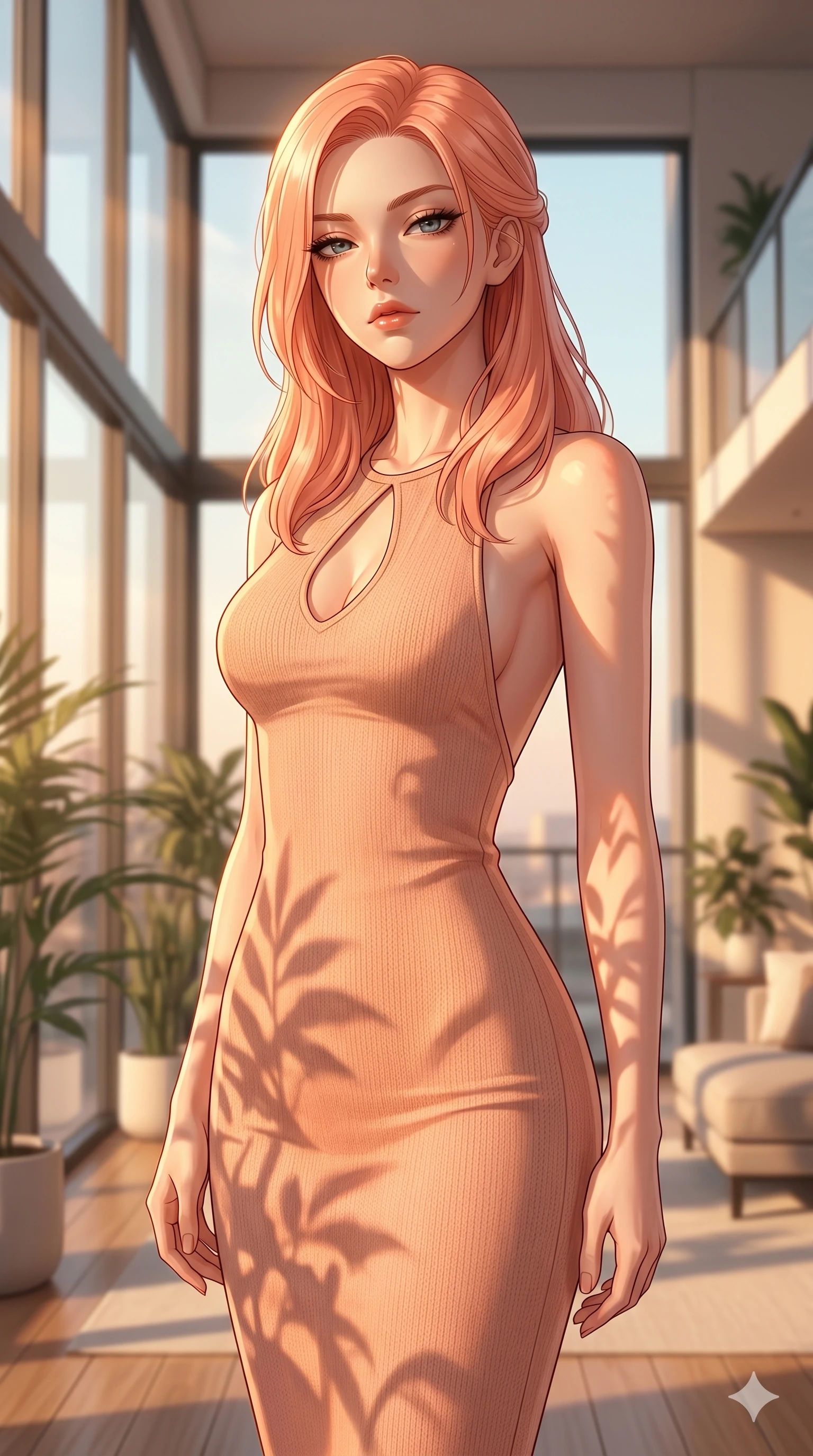 score_9, masterpiece, best quality, ultra-detailed, high-budget anime keyframe, editorial fashion photography, tasteful artistic composition, Japanese woman. cowboy shot from the thighs up, character and outfit filling the frame for maximum editorial presence. looking down at the viewer with a haughty, composed and cool expression, her shoulders relaxed inside an airy loft living room with floor-to-ceiling glass walls letting in warm golden hour light (Code-P007). She has an absolutely perfect 8-heads proportion, an exceptionally tall and slender female figure with impossibly long slender legs and an ultra-slim waist. V-shaped jawline, high-bridge nose, intricate jewel-like eyes with depth, thick eyelashes, glossy lips with a natural sheen. wearing a form-fitting peach-colored knit dress with an elegant keyhole cutout and bare back design. bathed in warm, golden afternoon sunbeams casting soft organic shadows of leaves on her skin. 2k, ultra detail, master piece, 9:16 ratio