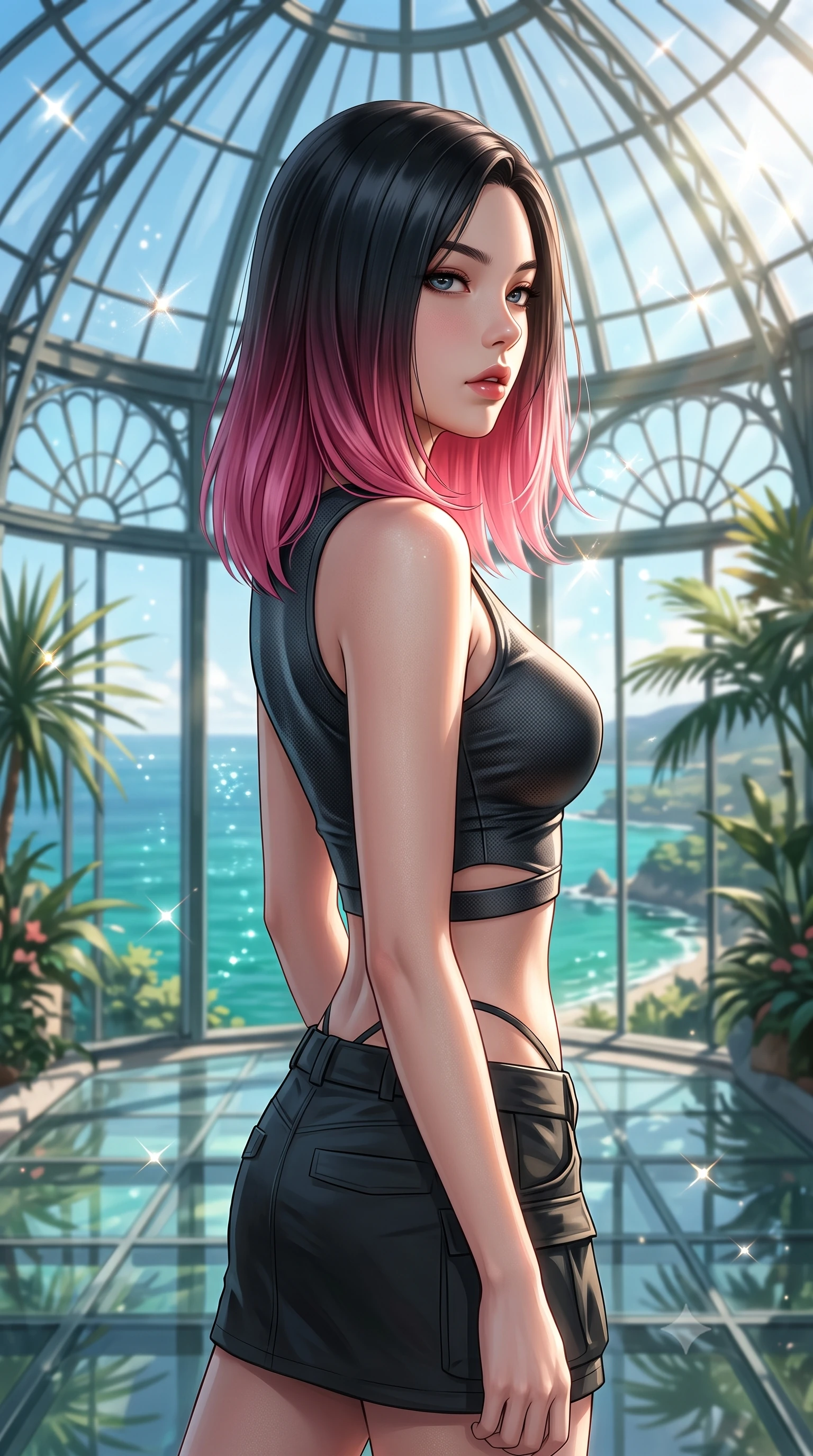 score_9, masterpiece, best quality, ultra-detailed, high-budget anime keyframe, editorial fashion photography, tasteful artistic composition, Korean woman. close-up cowboy shot from the waist and thighs up, the character dominates the composition, filling the frame with her large presence, background elements kept in soft focus. turning her face in profile to look over her shoulder, casting a smoldering side gaze with lips slightly parted, the background shows a soft-focus a glass dome botanical pavilion overlooking a sparkling emerald sea below. She has an exceptionally elegant, slender, and willowy female figure with an ultra-slim waist, a gracefully sculpted slender torso, and a refined silhouette. sharp v-shaped jawline, high-bridge nose, intricate jewel-like eyes with depth, thick eyelashes, glossy lips with a natural sheen. wearing a body-hugging modern carbon-alloy crop top paired with a low-rise tactical skirt and a subtle waist cut-out. bright morning sunbeams creating sparkling glints on the glass floor. highly saturated vibrant anime colors, detailed shading with soft gradients, rich glossy textures, high-contrast stereoscopic depth, volumetric dynamic lighting, master piece, 9:16 ratio
