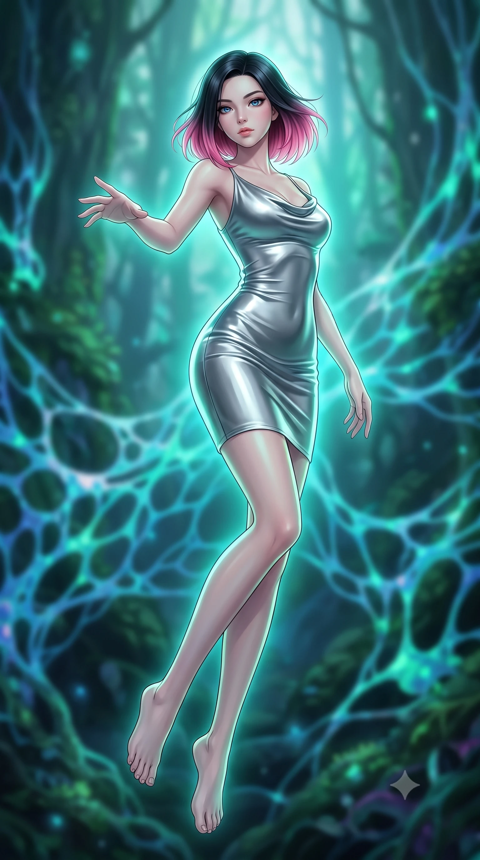 score_9, masterpiece, best quality, ultra-detailed, high-budget anime keyframe, editorial fashion photography, tasteful artistic composition, Korean woman woman. low angle full-body shot from head to toe showing her feet, filling the entire 9:16 vertical frame with her statuesque presence, stretching her vertical silhouette. She has an absolutely perfect, statuesque 8.5-heads proportion, an exceptionally tall and slender model-like female figure with impossibly long slender legs and an ultra-slim waist. floating dynamically in zero-gravity with flawless poise, reaching her hand forward gracefully, flawlessly proportioned anatomical accuracy, natural body alignment, perfectly sculpted elegant limbs, clean dynamic posture without body distortion. set against a soft-focus background of an ancient rainforest with pulsing opal fungal mycelium networks. wearing a sleek bodycon liquid silver jersey dress hugging every curve with a subtle cowl neckline. bathed in cool emerald and cyan bioluminescent organic glow wrapping her silhouette. highly saturated vibrant anime colors, detailed shading with soft gradients, rich glossy textures, high-contrast stereoscopic depth, volumetric dynamic lighting, master piece, 9:16 ratio