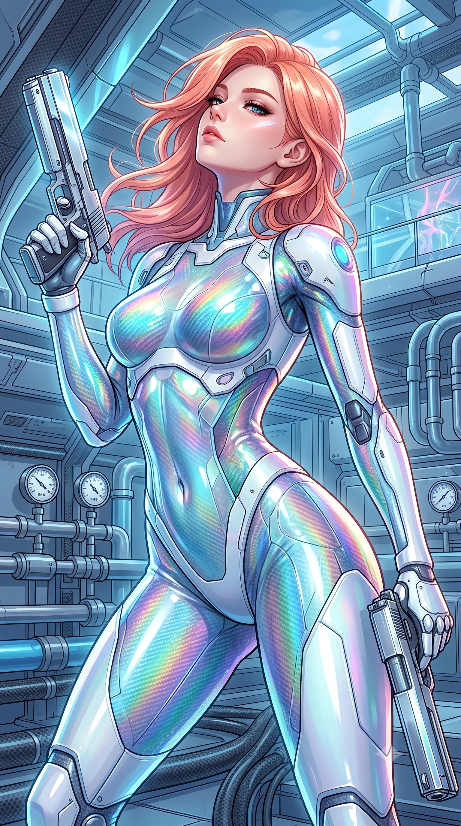 score_9, masterpiece, best quality, ultra-detailed, high-budget anime keyframe, semi-realistic 3D game render, editorial fashion photography, tasteful artistic composition, Japanese woman. close-up cowboy shot from the waist and thighs up, the character dominates the composition, filling the frame with her large presence. tilting her head back with serene regal elegance, her sharp jawline and sculpted collarbones highlighted by glowing weapon energy reflections while arching her back gracefully with full draw-string tension, her long slender legs and torso creating a sweeping line of power. The surrounding environment is rendered in vivid detail and crisp panoramic clarity. intricate carbon armor joint mesh, glass bridge reflections, and coolant pipe pressure gauges in high resolution. She has an exceptionally elegant, slender, and willowy female figure with an ultra-slim waist, a gracefully sculpted slender torso, toned flat midriff, and a refined slim silhouette. sharp v-shaped jawline, high-bridge nose, intricate jewel-like eyes with depth, thick eyelashes, glossy lips with a natural sheen, flawlessly proportioned anatomical accuracy, strict slender model proportions, natural body alignment, perfectly sculpted long slender limbs, ultra-slim waistline, clean dynamic posture without body distortion. wearing a high-gloss iridescent rainbow carbon-weave bodysuit with translucent cybernetic panels, brandishing dual sleek chrome particle beam pistols in a dynamic combat stance in glacial ice-cyan carbon mesh with pure white armor plates, made of liquid carbon-jersey fabric adhering flawlessly to her sculpted silhouette, finished with high-mobility articulation joints and miniature magnetic armor locks, the liquid-tight tailored fabric emphasizing every curve of her tall, slender model proportions and sculptured silhouette during dynamic movement. surrounded by a sacred, mystical, and breathtakingly powerful high-tech archer goddess atmosphere. rich saturated anime colors with glowing neon highlights, detailed shading with soft gradients, rich glossy textures, high-contrast stereoscopic depth, volumetric dynamic lighting, master piece, 9:16 ratio
