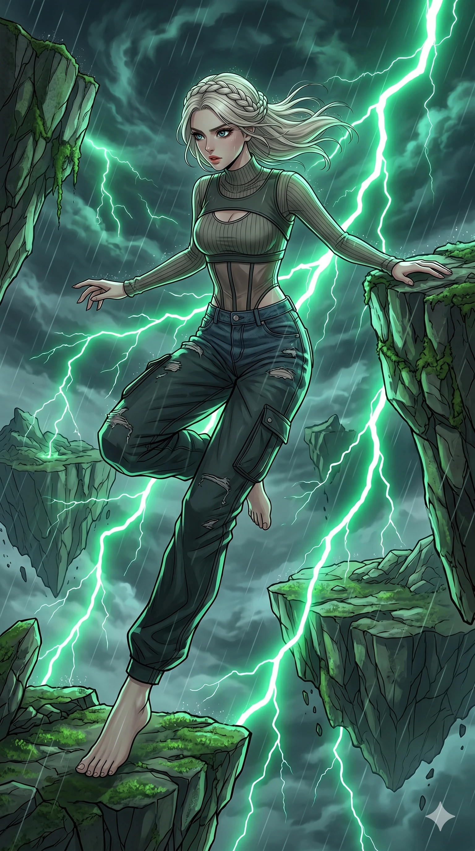 score_9, masterpiece, best quality, ultra-detailed, high-budget anime movie keyframe, cinematic anime lighting, intricate line art, Korean woman. Dynamic full-body shot stretching the vertical silhouette with extreme perspective. leaping between floating islands in a storm of emerald lightning. She has an absolutely perfect 8-heads proportion, an exceptionally tall and slender female figure with an ultra-slim waist and impossibly long slender legs. strictly human anatomy, two legs only, no extra limbs, clearly defined legs and arms, perfect anatomy, perfect hands and fingers. sharp v-shaped jawline, high-bridge nose, intricate jewel-like eyes, thick eyelashes, glossy lips. Wearing Urban Trendsetter: Ribbed bodycon dress, crop top with high-waist denim, and sheer corset with cargo pants. The scene is illuminated by dramatic atmospheric lighting and vibrant color palettes. , 2k, ultra detail, master piece, 9:16 ratio