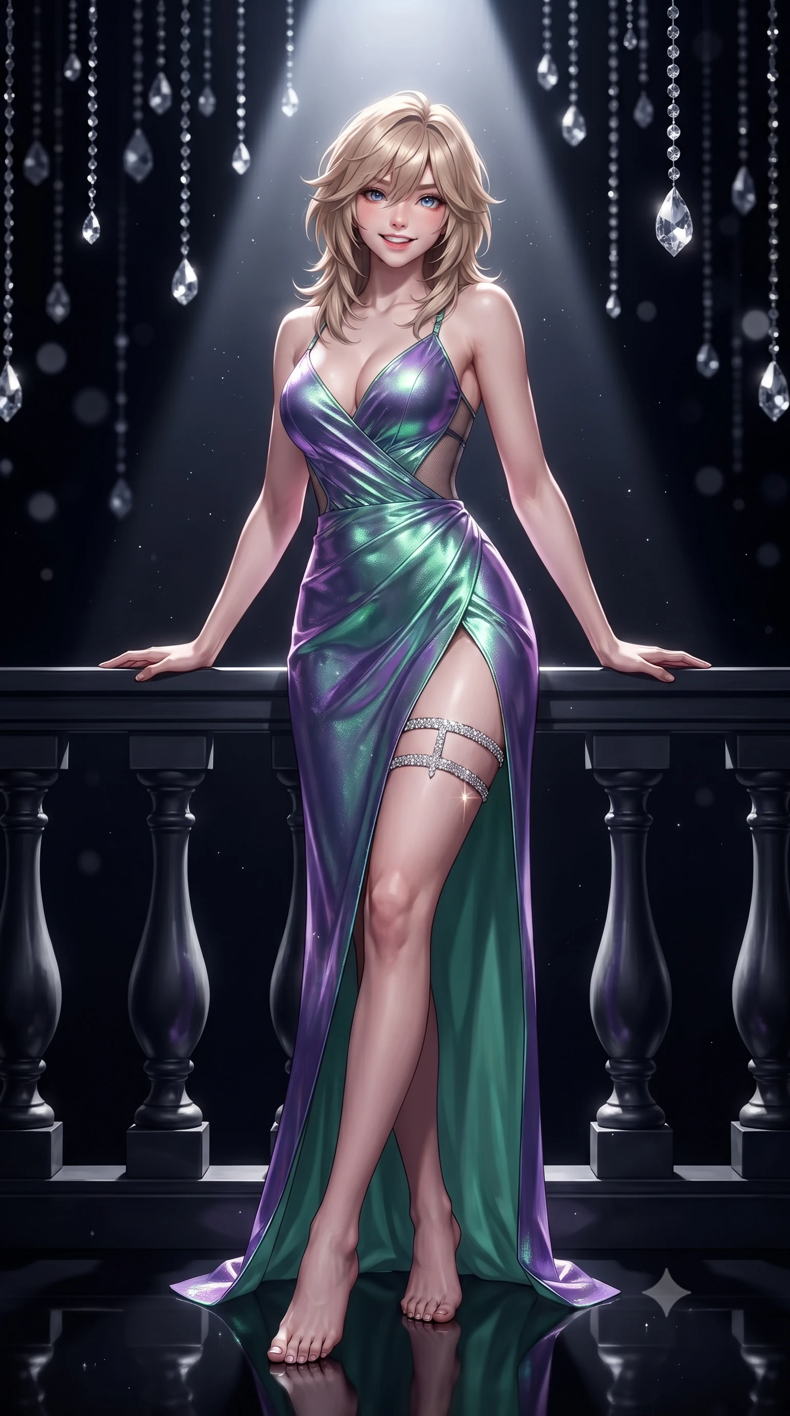 score_9, masterpiece, best quality, ultra-detailed, high-budget anime keyframe, editorial fashion photography, tasteful artistic composition, Japanese woman. low angle full-body shot from head to toe showing her feet, filling the entire 9:16 vertical frame with her statuesque presence, stretching her vertical silhouette. leaning deep against the balcony balustrade with hips cocked back in an unapologetically alluring high-fashion stance, casting an intoxicating glance while standing poised beneath a solitary razor-sharp spotlight isolating her statuesque posture on the mirror-polished black stage, arching her lower back with sovereign supermodel poise. The background shows a soft-focus thousands of suspended crystal drops glittering in deep velvety darkness, dust particles dancing in the intense spotlight cone, blurred into diamond, platinum, and onyx bokeh. She has an exceptionally tall and slender model-like 8.5-heads proportion, an ultra-slim waist, a flat toned midriff, narrow delicate ribcage, and beautifully sculpted feminine hips creating a graceful, slim hourglass silhouette without any bulky heaviness, with impossibly long slender legs. sharp v-shaped jawline, high-bridge nose, intricate jewel-like sparkling eyes with depth, thick eyelashes, glossy parted lips with a natural peach sheen, bright cheerful beaming smile with an enchanting and coquettish sensual glint, exuding both youthful cute charm and seductive allure, flawlessly proportioned anatomical accuracy, strict slender model proportions, natural body alignment, perfectly sculpted long slender limbs, ultra-slim waistline, clean dynamic posture without body distortion. wearing an alluring plunging sweetheart bodice dress with sheer mesh side-waist cutouts contouring her ribs in phosphorescent ultraviolet amethyst and mint green, crafted from stretch micro-mesh with liquid foil coating that shimmers with every movement, finished with delicate crystal-encrusted thigh garter straps glinting in the dim light, the high-slit wrap tailoring accentuating her ultra-slim waistline and the enchanting curve of her feminine hips with alluring seductive charm. bathed in an intense solitary 6000K theatrical follow-spot contrasted with total velvety obsidian shadow. ultra-reflective glossy finish, specular highlights, rich textural contrasts, high-contrast stereoscopic depth, volumetric dynamic lighting, 2k, ultra detail, master piece, 9:16 ratio