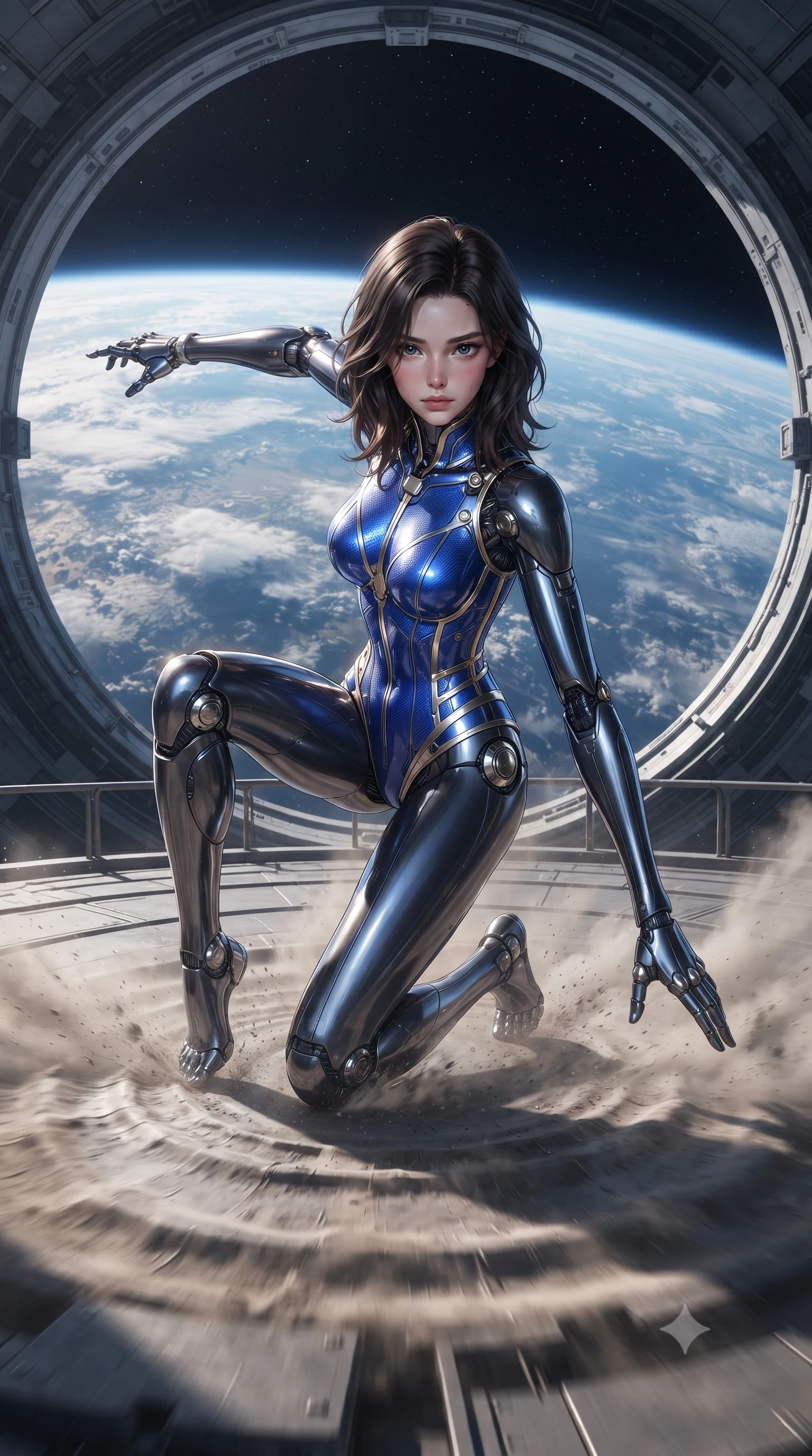 score_9, masterpiece, best quality, ultra-detailed, high-budget anime keyframe, editorial fashion photography, tasteful artistic composition, Korean woman. low angle full-body shot from head to toe showing her feet, filling the entire 9:16 vertical frame with her statuesque presence, stretching her vertical silhouette. landing gracefully from a high-altitude leap on one knee and palm, her statuesque silhouette framed by radial shockwave ripples in the ground while executing a high-speed kinetic parry and pivot on the open-air gantry of a space elevator ring 100 kilometers above Earth. The surrounding environment is rendered in vivid detail and crisp panoramic clarity. high-contrast orbital chiaroscuro and monumental space-age engineering captured with environmental precision. She has an absolutely perfect, statuesque 8.5-heads proportion, an exceptionally tall and slender model-like female figure with impossibly long slender legs, a toned flat midriff, and an ultra-slim waist. sharp v-shaped jawline, high-bridge nose, intricate jewel-like eyes with depth, thick eyelashes, glossy lips with a natural sheen, flawlessly proportioned anatomical accuracy, strict slender model proportions, natural body alignment, perfectly sculpted long slender limbs, ultra-slim waistline, clean dynamic posture without body distortion. wearing a precision-tailored high-fashion carbon-fiber corset bodysuit with gold mechanical rib boning and kinetic shock-dampening palms in electric cobalt blue carbon with polished platinum trim, crafted from ultra-strong woven carbon-fiber composite with a satin luster, detailed with magnetic knuckle shock-absorbers and polished chrome articulation joints, the sleek second-skin cut tightly hugging her graceful clavicle, narrow waist, and feminine curves with athletic precision. illuminated by crisp specular highlights tracing her sculpted collarbones, waistline, and long slender legs. ultra-reflective glossy finish, specular highlights, dark metallic sheen, high-contrast stereoscopic depth, volumetric dynamic lighting, 2k, ultra detail, master piece, 9:16 ratio