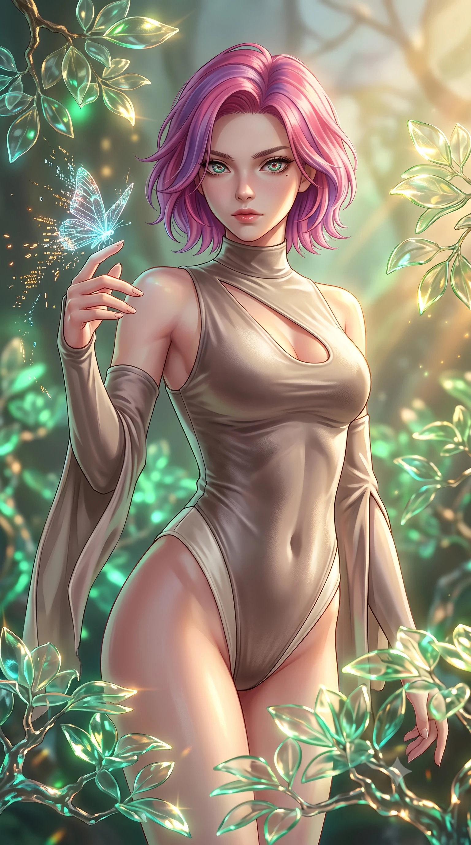 score_9, masterpiece, best quality, ultra-detailed, high-budget anime keyframe, editorial fashion photography, tasteful artistic composition, Caucasian woman. close-up cowboy shot from the waist and thighs up, the character dominates the composition, filling the frame with her large presence, background elements kept in soft focus. Gazing past the lens with composed intensity as her torso curves dynamically in mid-motion while reaching her hand out to touch a floating holographic butterfly dispersing code sparks, translucent glass bonsai leaves reflecting vibrant emerald and gold sunbursts. She has an exceptionally elegant, slender, and willowy female figure with an ultra-slim waist, a gracefully sculpted slender torso, and a refined silhouette. sharp v-shaped jawline, high-bridge nose, intricate jewel-like eyes with depth, thick eyelashes, glossy lips with a natural sheen, flawlessly proportioned anatomical accuracy, natural body alignment, perfectly sculpted elegant limbs, clean dynamic posture without body distortion. wearing an asymmetrical high-cut tech-bodysuit with detached sleeves in muted taupe and soft ivory, made of premium stretch velvet with a rich sheen, accented with a Tasteful chest slit framing her clavicle gracefully, the elegant draped fit framing her graceful clavicle and slender torso. bathed in warm golden sunlight and soft emerald bioluminescent glow. highly saturated vibrant anime colors, detailed shading with soft gradients, rich glossy textures, high-contrast stereoscopic depth, volumetric dynamic lighting, master piece, 9:16 ratio