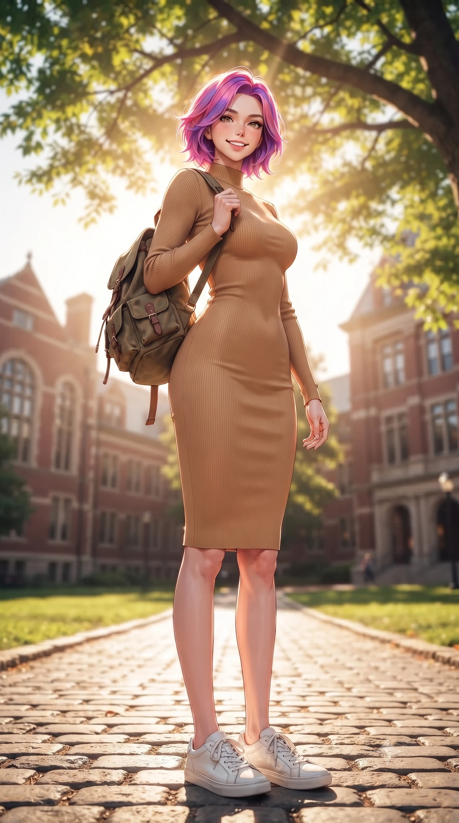 score_9, masterpiece, best quality, ultra-detailed, high-budget anime keyframe, editorial fashion photography, tasteful artistic composition, Caucasian woman. low angle full-body shot from head to toe showing her feet, filling the entire 9:16 vertical frame with her statuesque presence, stretching her vertical silhouette. standing with a cute, bright pose, tilting her head with a beaming smile set against a soft-focus background of on a sun-drenched university campus quad surrounded by historic red-brick lecture halls carrying a vintage canvas backpack over her shoulder. She has an absolutely perfect, statuesque 8.5-heads proportion, an exceptionally tall and slender model-like female figure with impossibly long slender legs and an ultra-slim waist. sharp v-shaped jawline, high-bridge nose, intricate jewel-like eyes with depth, thick eyelashes, glossy lips with a natural sheen. wearing body-hugging sleek, body-hugging long-sleeve knit dress in camel, outlining her slender silhouette. warm morning sunbeams filtering through the leafy tree canopy. ultra-reflective glossy finish, specular highlights, metallic sheen, high-contrast stereoscopic depth, volumetric dynamic lighting, 2k, ultra detail, master piece, 9:16 ratio