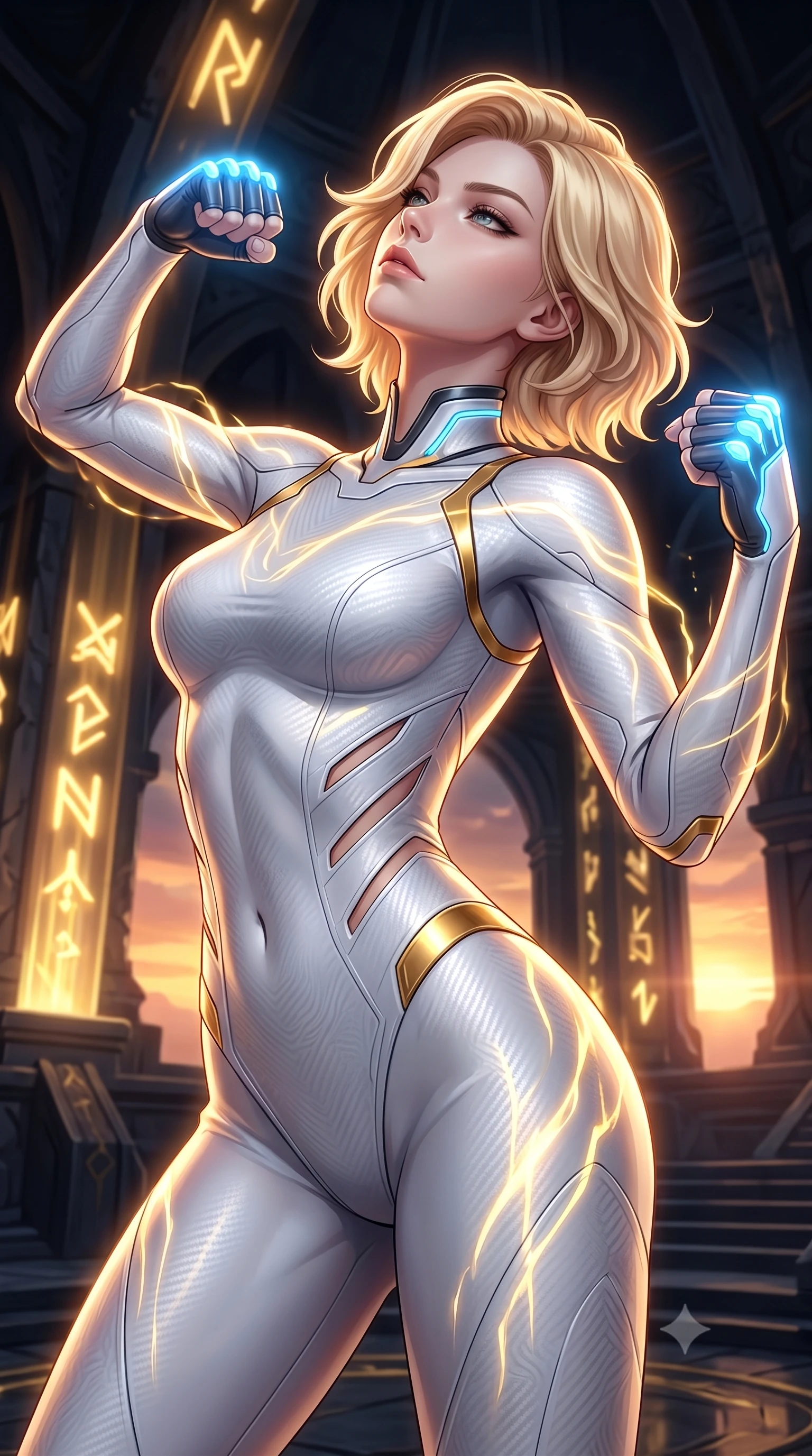 score_9, masterpiece, best quality, ultra-detailed, high-budget anime keyframe, semi-realistic 3D game render, editorial fashion photography, tasteful artistic composition, Caucasian woman. close-up cowboy shot from the waist and thighs up, the character dominates the composition, filling the frame with her large presence. tilting her head back with serene warrior composure, her sharp jawline and sculpted collarbones highlighted by glowing neon kinetic knuckles while arching her spine in a fluid zero-gravity turn as golden energy waves pulse through the Damascus-pattern carbon weave of her suit. The surrounding environment is rendered in vivid detail and crisp panoramic clarity. dramatic chiaroscuro contrast between glowing golden energy and dark mystical architecture in precision. She has an exceptionally elegant, slender, and willowy female figure with an ultra-slim waist, a gracefully sculpted slender torso, toned flat midriff, and a refined slim silhouette. sharp v-shaped jawline, high-bridge nose, intricate jewel-like eyes with depth, thick eyelashes, glossy lips with a natural sheen, flawlessly proportioned anatomical accuracy, strict slender model proportions, natural body alignment, perfectly sculpted long slender limbs, ultra-slim waistline, clean dynamic posture without body distortion. wearing a form-contouring arctic white carbon-composite martial arts leotard with solar gold articulation joints and diagonal midriff vents in arctic white carbon composite with radiant solar gold plating, tailored from flexible second-skin carbon-mesh that clings flawlessly to her athletic curves, featuring a sleek aerodynamic collar framed by subtle glowing cybernetic status LEDs, the precision-cut daring openings accentuating her delicate midriff, graceful bare collarbones, and ultra-slim feminine waistline. bathed in radiant golden holographic rune uplights and warm sunset horizon fill light. rich saturated anime colors with glowing neon highlights, detailed shading with soft gradients, rich glossy textures, high-contrast stereoscopic depth, volumetric dynamic lighting, master piece, 9:16 ratio