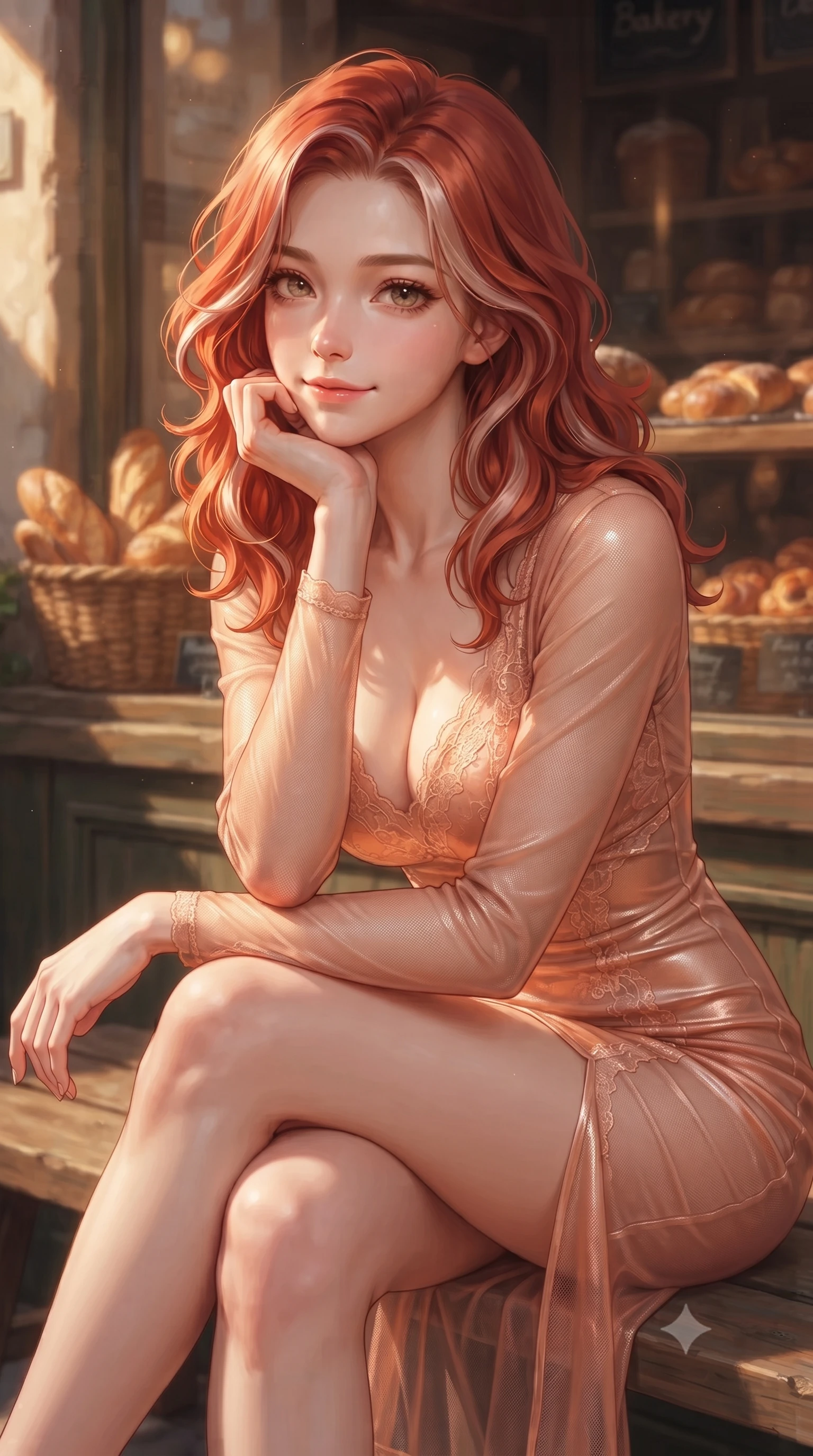 score_9, masterpiece, best quality, ultra-detailed, high-budget anime keyframe, editorial fashion photography, tasteful artistic composition, Caucasian woman woman. close-up cowboy shot from the waist and thighs up, the character dominates the composition, filling the frame with her large presence, background elements kept in soft focus. resting her chin on her hand, looking out at the beautiful scenery with a soft smile the background shows a soft-focus a wooden bench outside a cozy bakery, with the scent of fresh bread in the soft focus air. She has an exceptionally elegant, slender, and willowy female figure with an ultra-slim waist, a gracefully sculpted slender torso, and a refined silhouette. sharp v-shaped jawline, high-bridge nose, intricate jewel-like eyes with depth, thick eyelashes, glossy lips with a natural sheen. wearing a tailored semi-transparent mesh dress in peach, contouring her slender silhouette with delicate lace detailing. warm morning sunbeams casting a cozy amber glow. ultra-reflective glossy finish, specular highlights, metallic sheen, high-contrast stereoscopic depth, volumetric dynamic lighting, 2k, ultra detail, master piece, 9:16 ratio