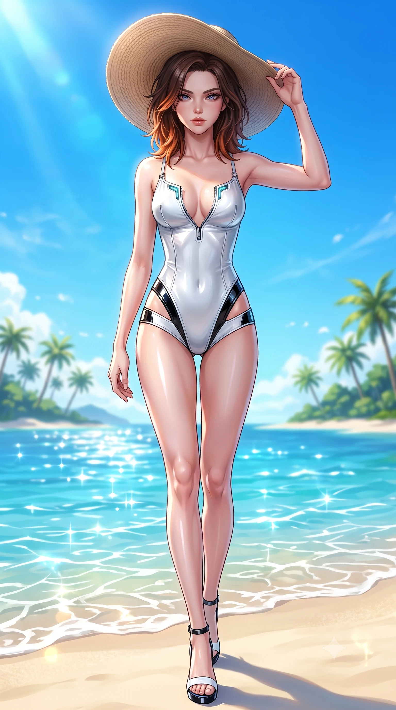 score_9, masterpiece, best quality, ultra-detailed, high-budget anime keyframe, semi-realistic 3D game render, editorial fashion photography, tasteful artistic composition, Korean woman. low angle full-body shot from head to toe showing her feet, filling the entire 9:16 vertical frame with her statuesque presence, stretching her vertical silhouette. striding forward in a proud, statuesque motion with a dangerous smolder, her vertical silhouette dominating the frame from head to toe while holding her sunhat lightly against a warm tropical ocean breeze while gazing into the camera with bedroom eyes. The composition keeps background elements in soft focus with creamy bokeh. distant palm-lined islands and vibrant blue sky softened by shallow atmospheric focus. She has an absolutely perfect, statuesque 8.5-heads proportion, an exceptionally tall and slender model-like female figure with impossibly long slender legs, a toned flat midriff, and an ultra-slim waist. sharp v-shaped jawline, high-bridge nose, intricate jewel-like eyes with depth, thick eyelashes, glossy lips with a natural sheen, flawlessly proportioned anatomical accuracy, strict slender model proportions, natural body alignment, perfectly sculpted long slender limbs, ultra-slim waistline, clean dynamic posture without body distortion. wearing a second-skin white liquid-mercury micro-bodysuit sculpted tightly to her slender build, featuring razor-thin metallic straps and hip cutouts in high-gloss monochrome white and sharp black contrast, formed from high-gloss patent material with specular light reflections, featuring a dangerously unzipped neckline framed by glowing cybernetic accents, the precision-cut daring openings accentuating her delicate midriff, graceful bare collarbones, and ultra-slim feminine waistline. bathed in dazzling tropical morning sunlight and glittering ocean water caustics. highly saturated vibrant anime colors, detailed shading with soft gradients, rich glossy textures, high-contrast stereoscopic depth, volumetric dynamic lighting, master piece, 9:16 ratio