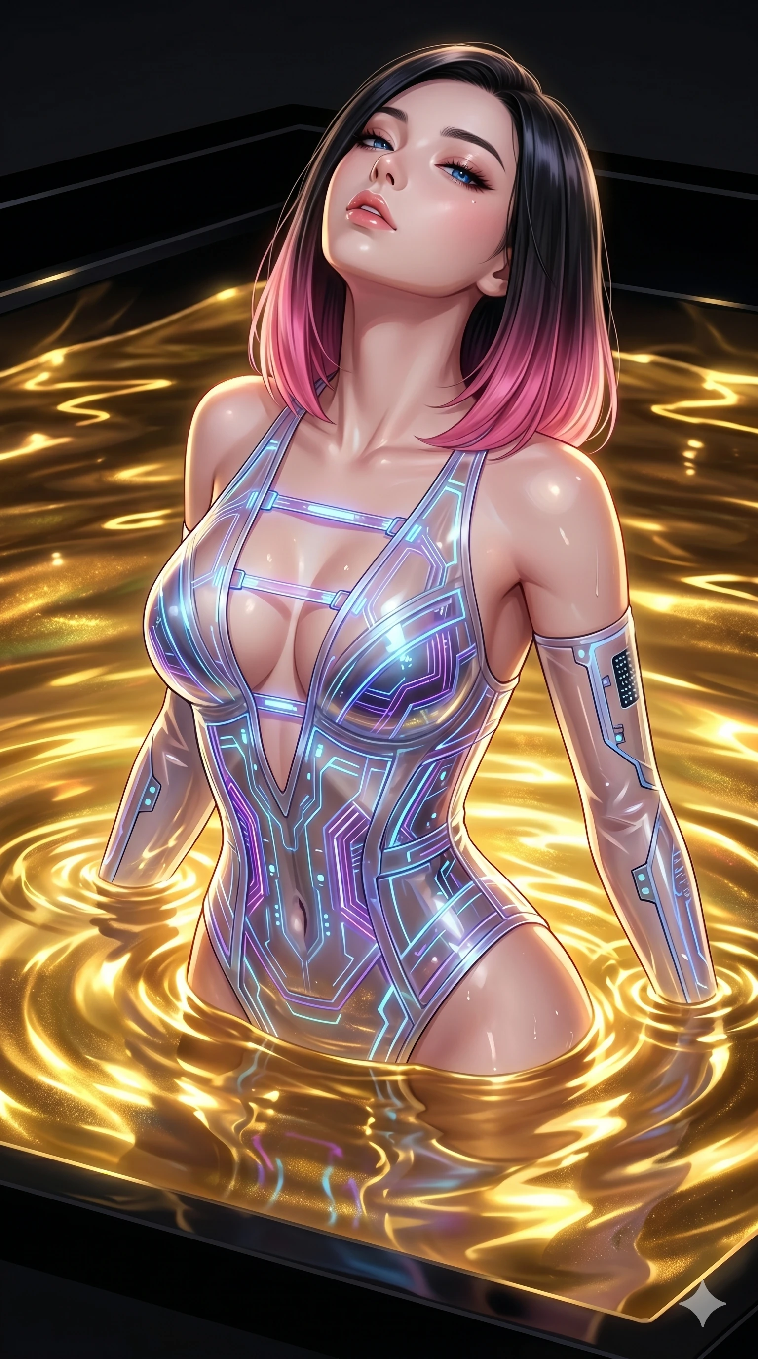 score_9, masterpiece, best quality, ultra-detailed, high-budget anime keyframe, Korean woman. Upper body close-up from the thighs up, character filling the screen for maximum presence. She is partially submerged in a high-tech obsidian pool filled with glowing liquid gold. She tilts her head back with a sensual expression, exposing her throat and shoulders to the camera. She has an absolutely perfect 8-heads proportion, an exceptionally tall and slender female figure with impossibly long slender legs and an ultra-slim waist. V-shaped jawline, high-bridge nose, intricate jewel-like eyes with depth, thick eyelashes, glossy lips with a natural sheen. She is wearing a translucent cybernetic corset in semi-opaque structured vinyl, combined with detached sleeves and a deep-plunging neckline secured by glowing micro-straps. The scene is lit by shimmering gold reflections from the liquid pool and bright studio key lights. 2k, ultra detail, master piece, 9:16 ratio