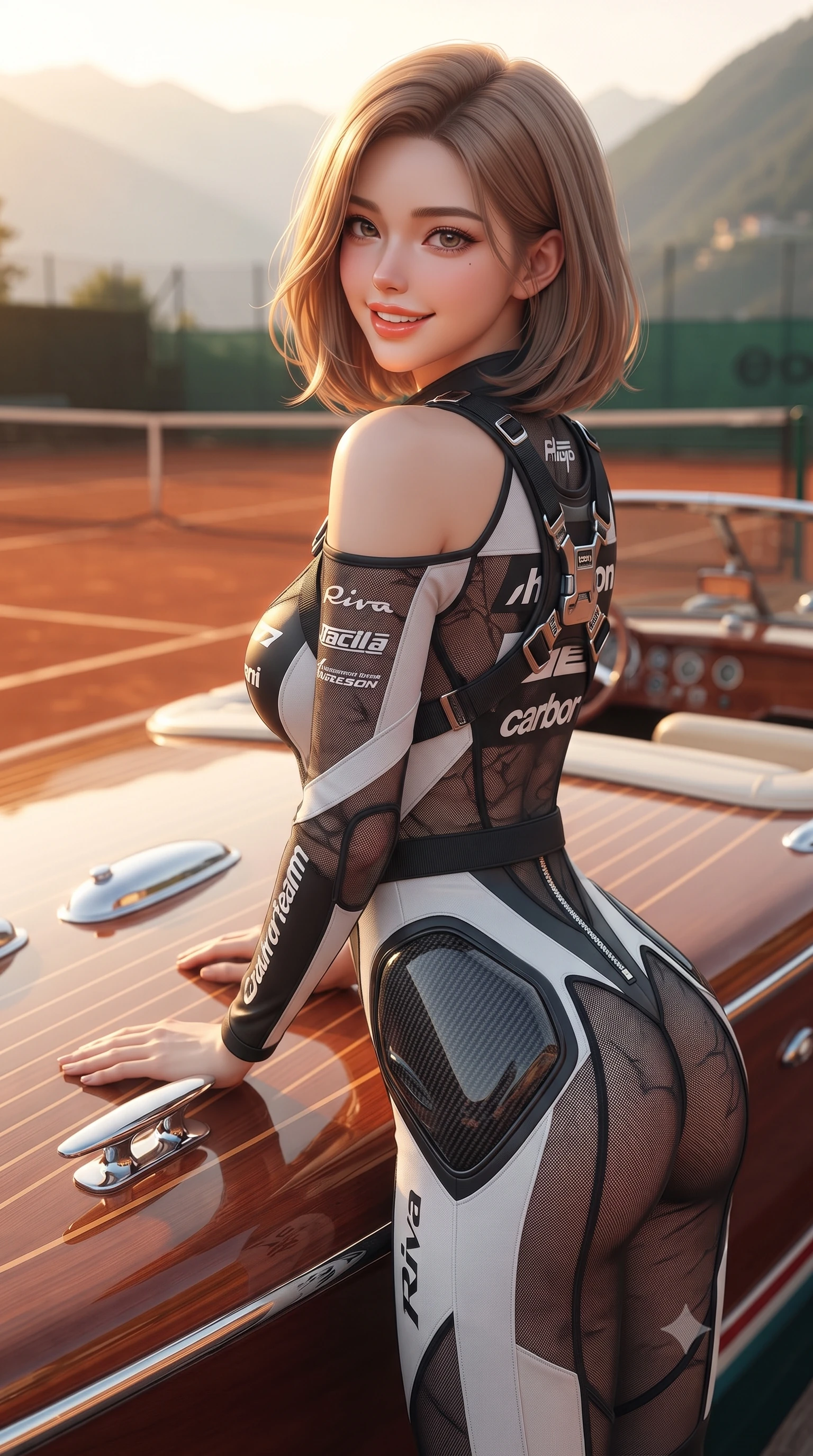 score_9, masterpiece, best quality, ultra-detailed, high-budget anime keyframe, editorial fashion photography, tasteful artistic composition, Korean woman. close-up cowboy shot from the waist and thighs up, the character dominates the composition, filling the frame with her large presence. posing in an alluring rear three-quarter angle, turning over a bare shoulder with an intoxicating gaze, her hips cocked back to highlight her slim hourglass curve against the paddock lights while leaning against the polished mahogany deck of a vintage Riva Aquarama speedboat moored beside the court with hips cocked back, looking over her shoulder. The surrounding environment is rendered in vivid detail and crisp panoramic clarity: sharp Riva boat polished mahogany wood grain, chrome deck cleats, and clay court line clarity in deep focus. She has an exceptionally elegant, slender, and willowy female figure with an ultra-slim waist, flat toned midriff, narrow ribcage, and sculpted feminine hips creating an alluring, slim hourglass silhouette without bulk. sharp v-shaped jawline, high-bridge nose, sparkling eyes with athletic focus and depth, thick curled eyelashes, glossy parted lips with a natural coral-peach sheen, bright confident and coquettish smile with alluring bedroom-eyes, exuding both youthful sporty vigor and sovereign high-society glamour, flawlessly proportioned anatomical accuracy, strict slender model proportions, natural body alignment, perfectly sculpted long slender limbs, ultra-slim waistline, clean dynamic posture without body distortion. wearing a second-skin compression stretch racing catsuit with racing team sponsor graphics and sculpted carbon hip guards in dual-tone high-contrast racing monochrome, crafted from sheer delicate stretch lace reinforced with technical sport threads, finished with polished chrome zipper pulls and racing harness buckle hardware, the form-fitting tailored bodice adhering flawlessly to her sculpted flat midriff and slender torso, emphasizing her long leg lines and perfectly proportioned willowy build. bathed in romantic golden hour Italian sunlight descending over the alpine lake basin. ultra-reflective glossy finish, specular highlights, rich textural contrasts, high-contrast stereoscopic depth, volumetric dynamic lighting, 2k, ultra detail, master piece, 9:16 ratio