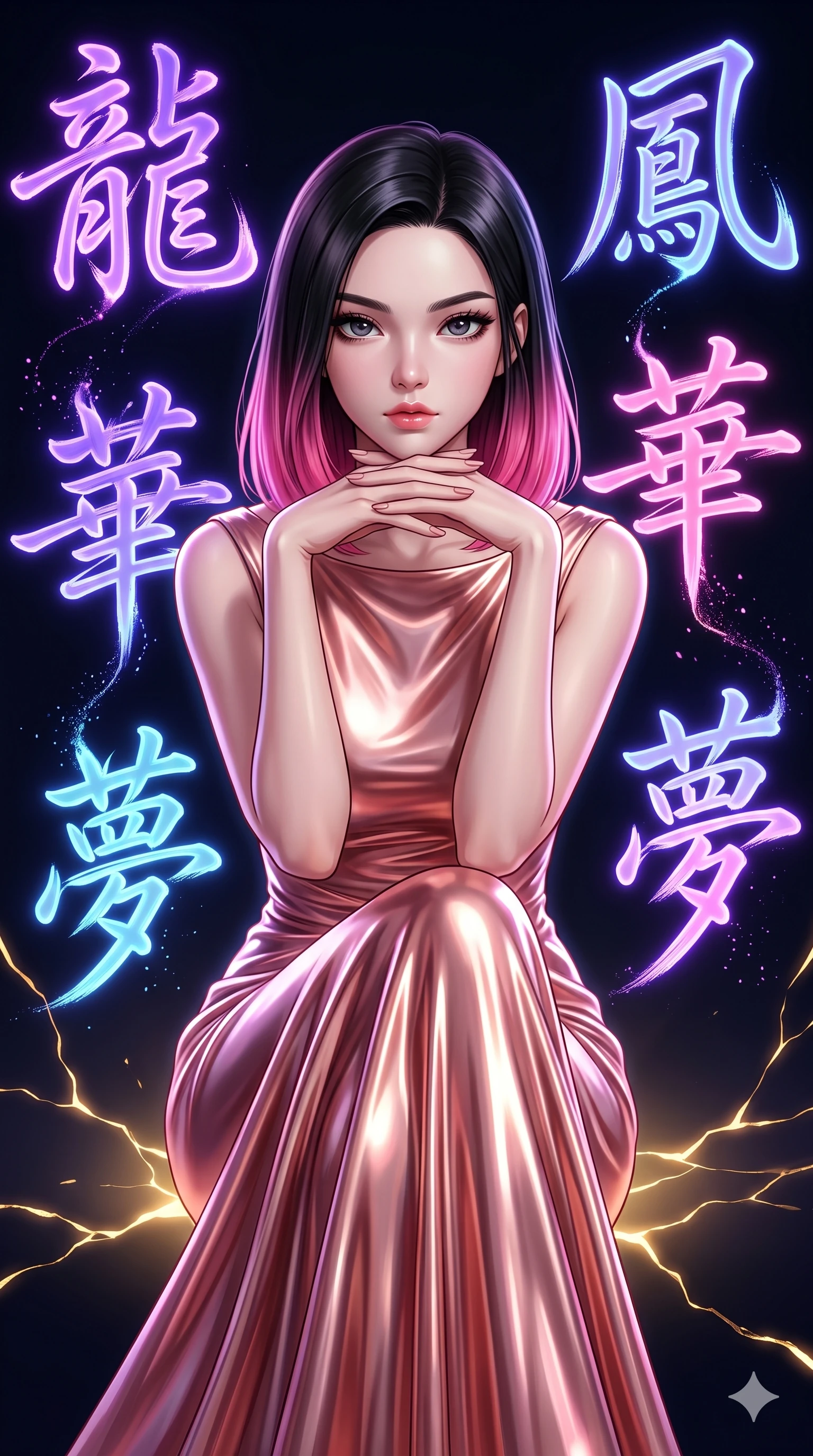 score_9, masterpiece, best quality, ultra-detailed, high-budget anime keyframe, editorial fashion photography, tasteful artistic composition, Korean woman. close-up cowboy shot from the waist and thighs up, the character dominates the composition, filling the frame with her large presence, background elements kept in soft focus. Resting her chin on the backs of her fingers in a confident pose. set against a soft-focus background of a vast dark space where massive neon-lit brushstrokes of East Asian calligraphy characters float and pulse with energy each stroke trailing luminous ink particles that dissolve into the void. She has an exceptionally elegant and slender, willowy female figure with an ultra-slim waist, a gracefully sculpted slender torso, and a refined slim physique. sharp v-shaped jawline, high-bridge nose, intricate jewel-like eyes with depth, thick eyelashes, glossy lips with a natural sheen. wearing a liquid metallic rose gold evening gown with a high boat neckline, flowing like liquid metal along her statuesque slender frame. glowing kintsugi gold light radiating from cracks in the environment creating a majestic inner glow. 2k, ultra detail, master piece, 9:16 ratio