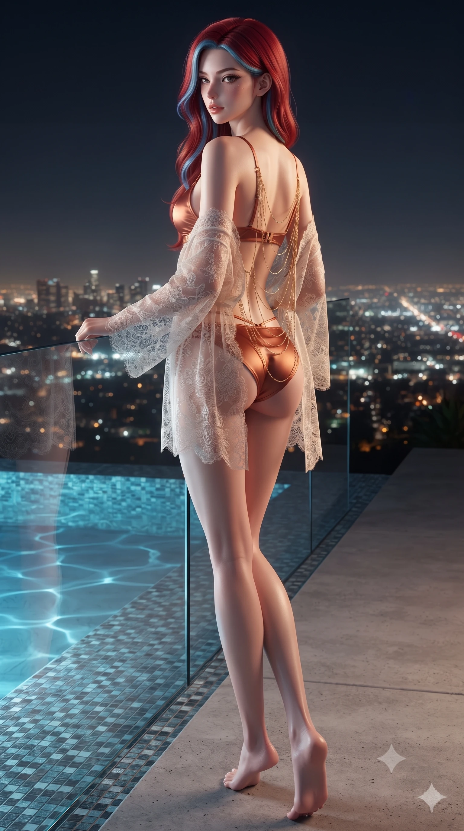 score_9, masterpiece, best quality, ultra-detailed, high-budget anime keyframe, editorial fashion photography, tasteful artistic composition, Caucasian woman. low angle full-body shot from head to toe showing her feet, filling the entire 9:16 vertical frame with her statuesque presence, stretching her vertical silhouette. walking along the terrace with poise, looking back over her bare shoulder with an irresistible smoldering bedroom-gaze while leaning over the glass edge with hips cocked back, looking down at the illuminated Sunset Strip with an intoxicating bedroom-gaze. The surrounding environment is rendered in vivid detail and crisp panoramic clarity: sharp glass infinity coping edge, mosaic glass waterline tiles, and smooth poured-concrete deck in deep focus. She has an exceptionally tall and slender model-like 8.5-heads proportion, an ultra-slim waist, a flat toned midriff, narrow delicate ribcage, and beautifully sculpted feminine hips creating a graceful, slim hourglass silhouette without any bulky heaviness, with impossibly long slender legs. sharp v-shaped jawline, high-bridge nose, intricate jewel-like sparkling eyes with depth, thick eyelashes, glossy parted lips with a natural peach sheen, bright cheerful beaming smile with an enchanting and coquettish sensual glint, exuding both youthful cute charm and seductive allure, flawlessly proportioned anatomical accuracy, strict slender model proportions, natural body alignment, perfectly sculpted long slender limbs, ultra-slim waistline, clean dynamic posture without body distortion. wearing a delicate sheer lace boudoir robe worn loose and slipping off bare shoulders over a matching strappy bralette and briefs in warm cinnamon silk and burnished gold, crafted from fluid liquid silk satin that clings smoothly to her narrow waist and rounded hips with a dewy sheen, accented with an open-back drape framed by falling strands of delicate gold chains, the second-skin tailored fabric adhering flawlessly to her sculpted flat midriff and slender torso, emphasizing her long leg lines and perfectly proportioned willowy build. illuminated by pool surface caustics bounce and sharp platinum-cyan rim lights defining her jawline, flat midriff, and feminine hips. ultra-reflective glossy finish, specular highlights, rich textural contrasts, high-contrast stereoscopic depth, volumetric dynamic lighting, 2k, ultra detail, master piece, 9:16 ratio