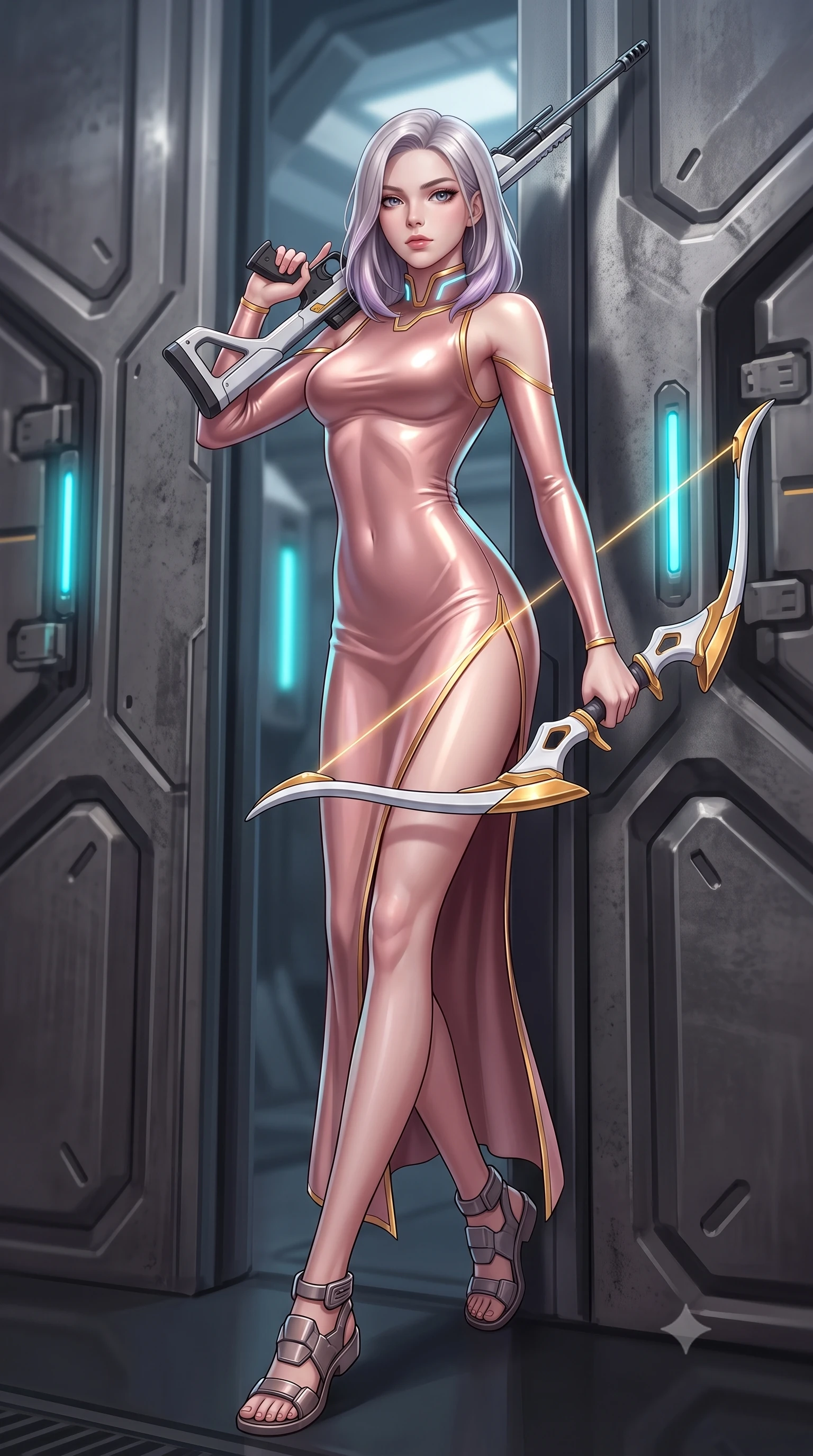 score_9, masterpiece, best quality, ultra-detailed, high-budget anime keyframe, semi-realistic 3D game render, editorial fashion photography, tasteful artistic composition, Caucasian woman. low angle full-body shot from head to toe showing her feet, filling the entire 9:16 vertical frame with her statuesque presence, stretching her vertical silhouette. arching her spine in a fluid zero-gravity combat turn with sovereign grace, her long slender legs and sculpted torso creating a sweeping line of power while leaning against a heavy titanium blast door with her slender railgun rested against her shoulder with divine confidence. The composition keeps background elements in soft focus with creamy bokeh. massive hangar blast doors and starship docking clamps softened in smooth atmospheric depth of field. She has an absolutely perfect, statuesque 8.5-heads proportion, an exceptionally tall and slender model-like female figure with impossibly long slender legs, a toned flat midriff, and an ultra-slim waist. sharp v-shaped jawline, high-bridge nose, intricate jewel-like eyes with depth, thick eyelashes, glossy lips with a natural sheen, flawlessly proportioned anatomical accuracy, strict slender model proportions, natural body alignment, perfectly sculpted long slender limbs, ultra-slim waistline, clean dynamic posture without body distortion. wearing a form-fitting luminous rose-gold carbon combat gown with tactical side slits, wielding a floating magnetic energy bow with celestial poise in arctic white carbon composite with radiant solar gold plating, made of liquid carbon-jersey fabric adhering flawlessly to her sculpted silhouette, featuring a sleek aerodynamic collar framed by subtle glowing cybernetic status LEDs, the liquid-tight tailored fabric emphasizing every curve of her tall, slender model proportions and sculptured silhouette during dynamic movement. illuminated by glowing cyan rifle charging lights and sharp specular highlights tracing her slender curves. rich saturated anime colors with glowing neon highlights, detailed shading with soft gradients, rich glossy textures, high-contrast stereoscopic depth, volumetric dynamic lighting, master piece, 9:16 ratio