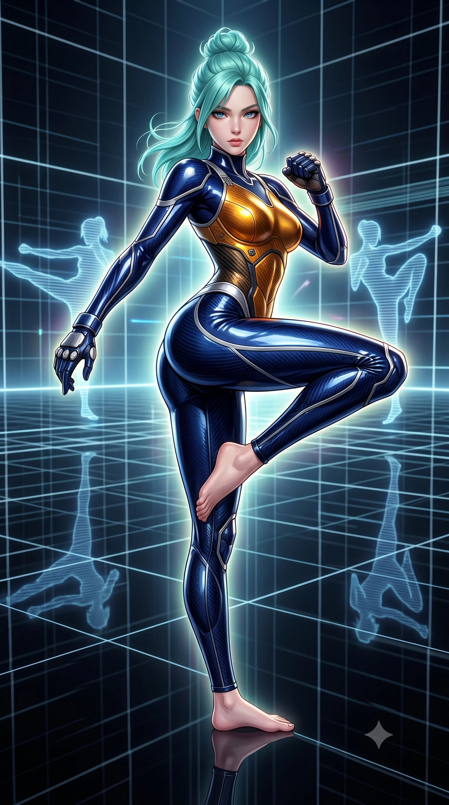 score_9, masterpiece, best quality, ultra-detailed, high-budget anime keyframe, semi-realistic 3D game render, editorial fashion photography, tasteful artistic composition, Japanese woman. low angle full-body shot from head to toe showing her feet, filling the entire 9:16 vertical frame with her statuesque presence, stretching her vertical silhouette. pivoting dynamically in a high-speed low sweep kick along the reflective floor, her athletic torso and ultra-slim waist twisting in a fluid arc of power while resting one hand along her slender hip while gazing into the lens with an omniscient, dangerous martial smolder. The surrounding environment is rendered in vivid detail and crisp panoramic clarity. razor-sharp quantum grid line geometries, distinct holographic after-image silhouettes, and black glass in deep focus. She has an absolutely perfect, statuesque 8.5-heads proportion, an exceptionally tall and slender model-like female figure with impossibly long slender legs, a toned flat midriff, and an ultra-slim waist. sharp v-shaped jawline, high-bridge nose, intricate jewel-like eyes with depth, thick eyelashes, glossy lips with a natural sheen, flawlessly proportioned anatomical accuracy, strict slender model proportions, natural body alignment, perfectly sculpted long slender limbs, ultra-slim waistline, clean dynamic posture without body distortion. wearing a statuesque midnight cobalt carbon-fiber battle-suit with platinum trim, reinforced kinetic palm plates, and an ultra-slim waistline in molten amber-gold carbon cuirass with dark titanium weave, formed from high-gloss patent carbon-plating with specular chiaroscuro reflections, featuring a sleek aerodynamic collar framed by subtle glowing cybernetic status LEDs, the glove-like aerodynamic second-skin fit tightly clinging to her ultra-slender waist and athletic curves without adding bulk, accentuating her razor-sharp statuesque lines and slim hourglass silhouette. surrounded by an omniscient, divine, and radiantly transcendent martial muse aura. rich saturated anime colors with glowing neon highlights, detailed shading with soft gradients, rich glossy textures, high-contrast stereoscopic depth, volumetric dynamic lighting, master piece, 9:16 ratio